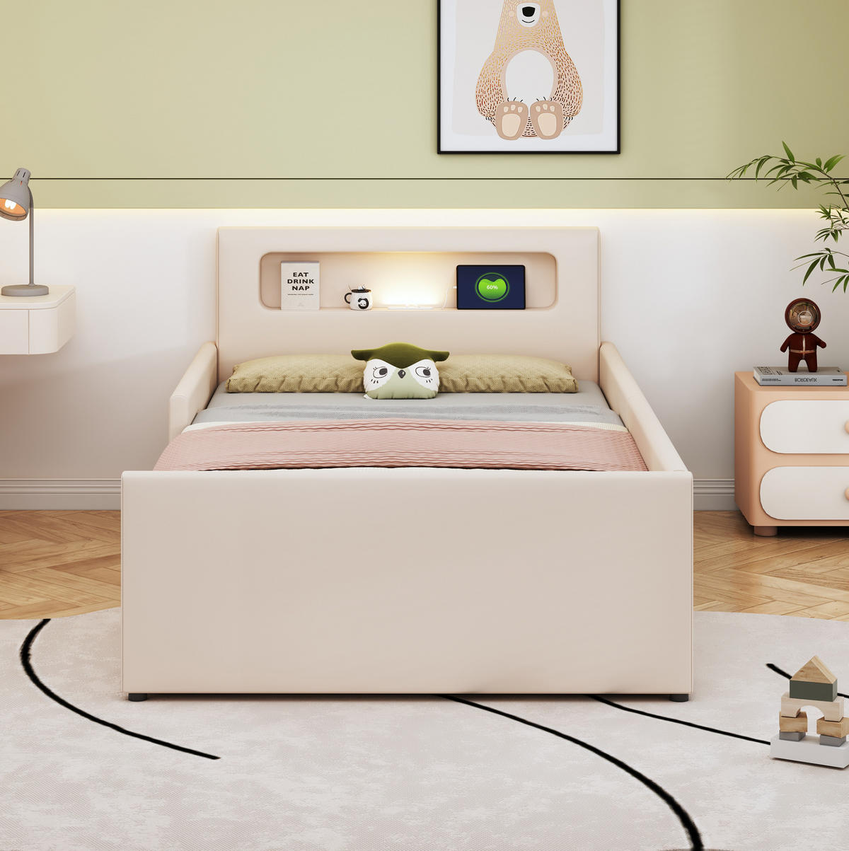 KINDERBETT 90/200 cm in Beige mit Nachtlicht, USB-Anschluss und Schubladen - Beige, Textil (90/200cm) - BEAOK