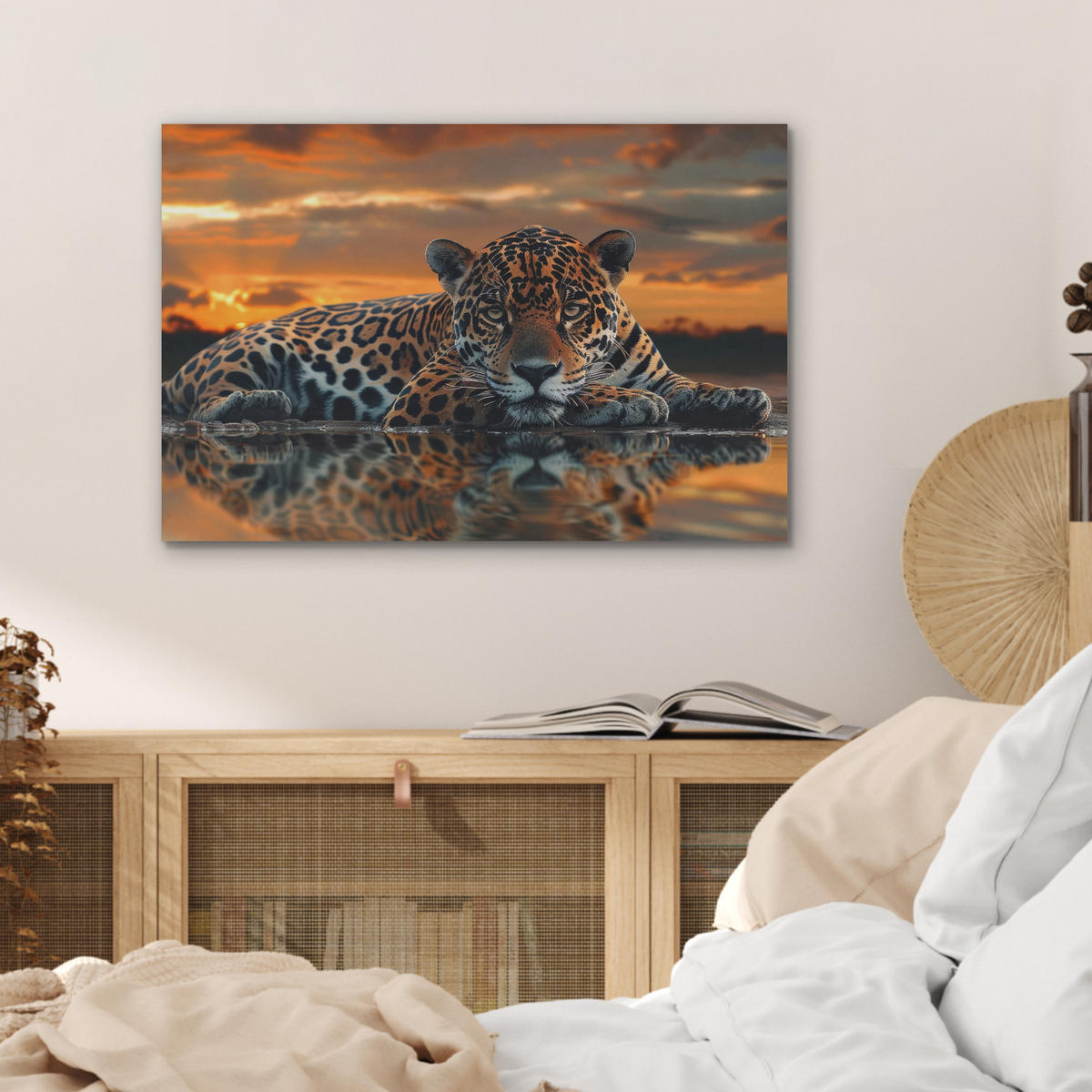 AKUSTIKBILD Natur - Leopard - Tier - Sonnenuntergang - Modern Wanddeko 70x50 cm - Orange, Kunststoff (70/50/0.9cm) - MuchoWow