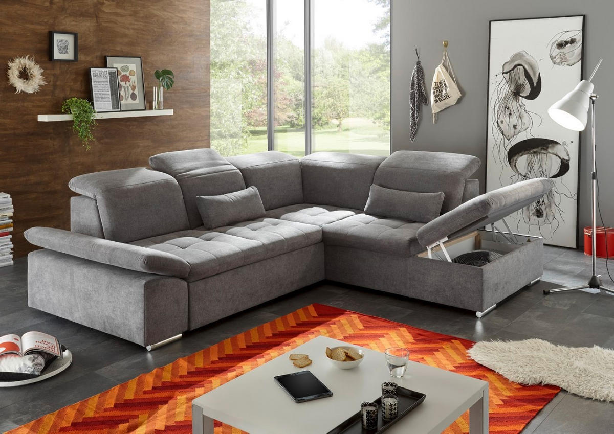 ECKSOFA mit Schlaffunktion mit Bettkasten und verstellbaren Kopf- und Rückenlehnen - Chromfarben/Dunkelgrau, Textil (240/276cm) - ed exciting design