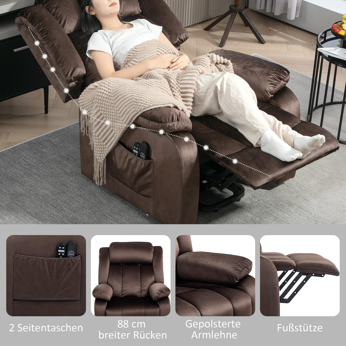 FERNSEHSESSEL mit Aufstehhilfe Relaxsessel mit Liegefunktion, Vibrationsmassage - Schwarz/Braun, Textil/Metall (88/106/95cm) - HOMCOM