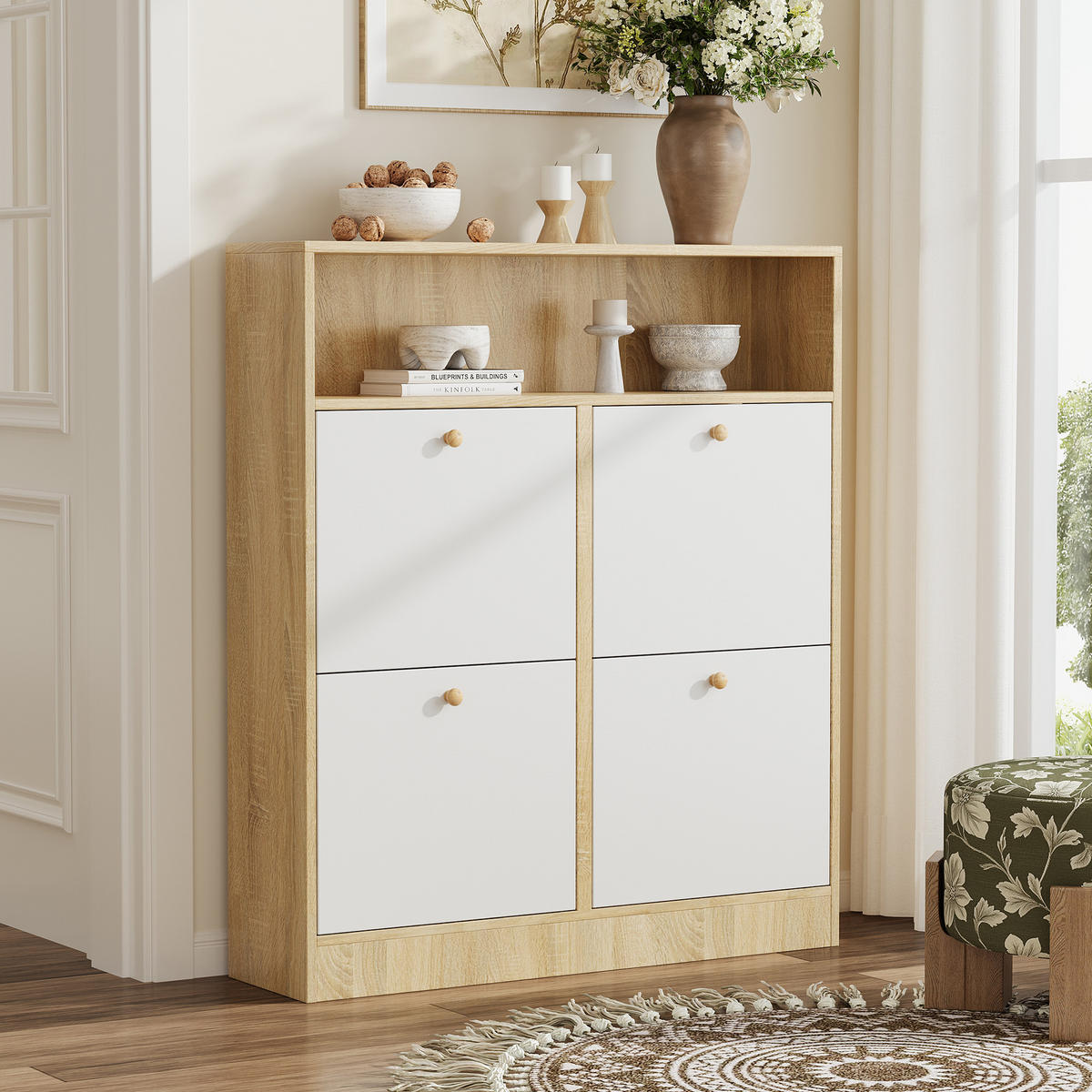 SCHUHSCHRANK aus Spanplatte 90x24x104,5cm in Natur mit 4 Klappen - Naturfarben, Holzwerkstoff (90/104.5/24cm) - Modfu