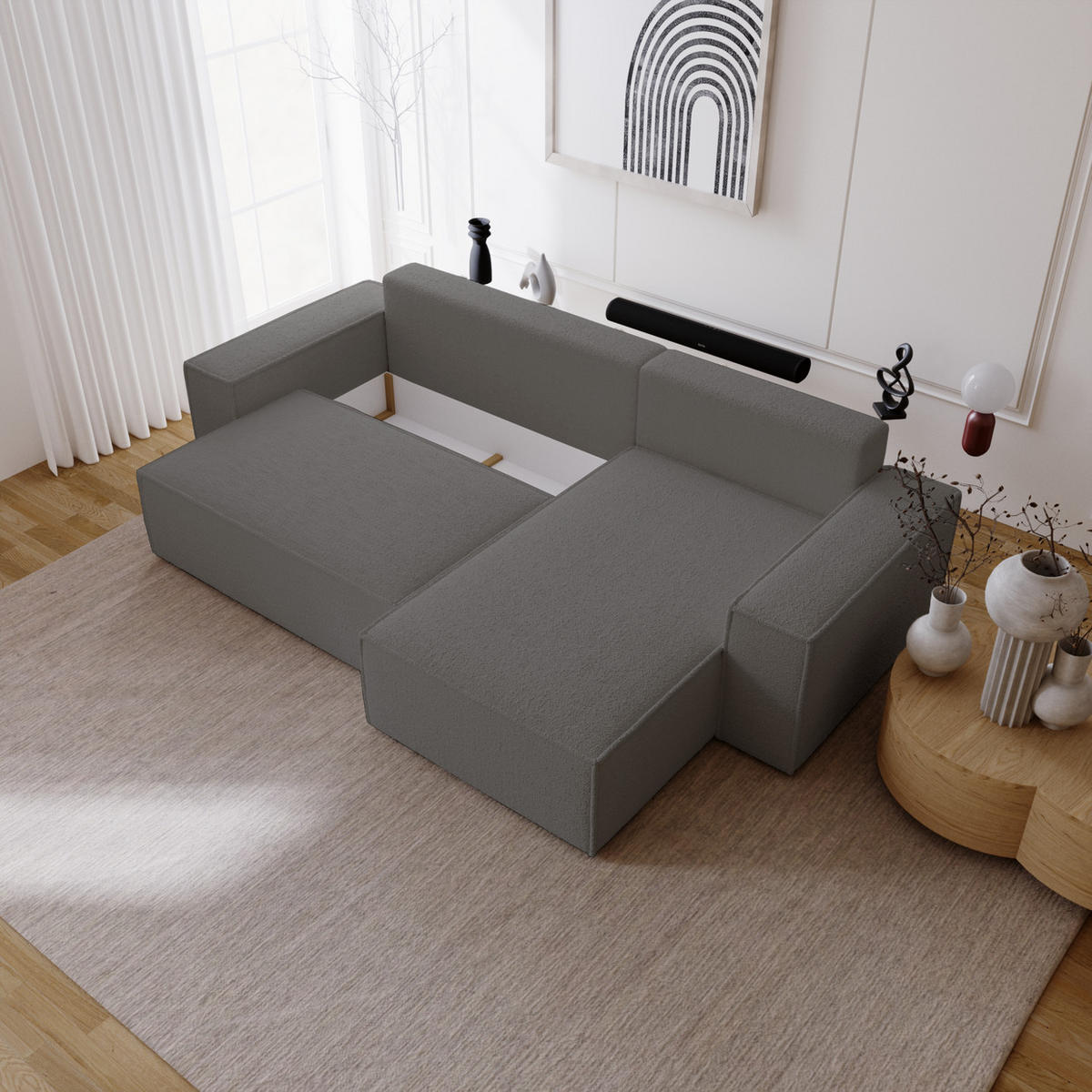 ECKSOFA Bouclé 280 cm Bergamo L mit Bettkasten, Schlaffunktion, Rechts - Dunkelgrau - Dunkelgrau, Holz (189/277cm) - Emporius