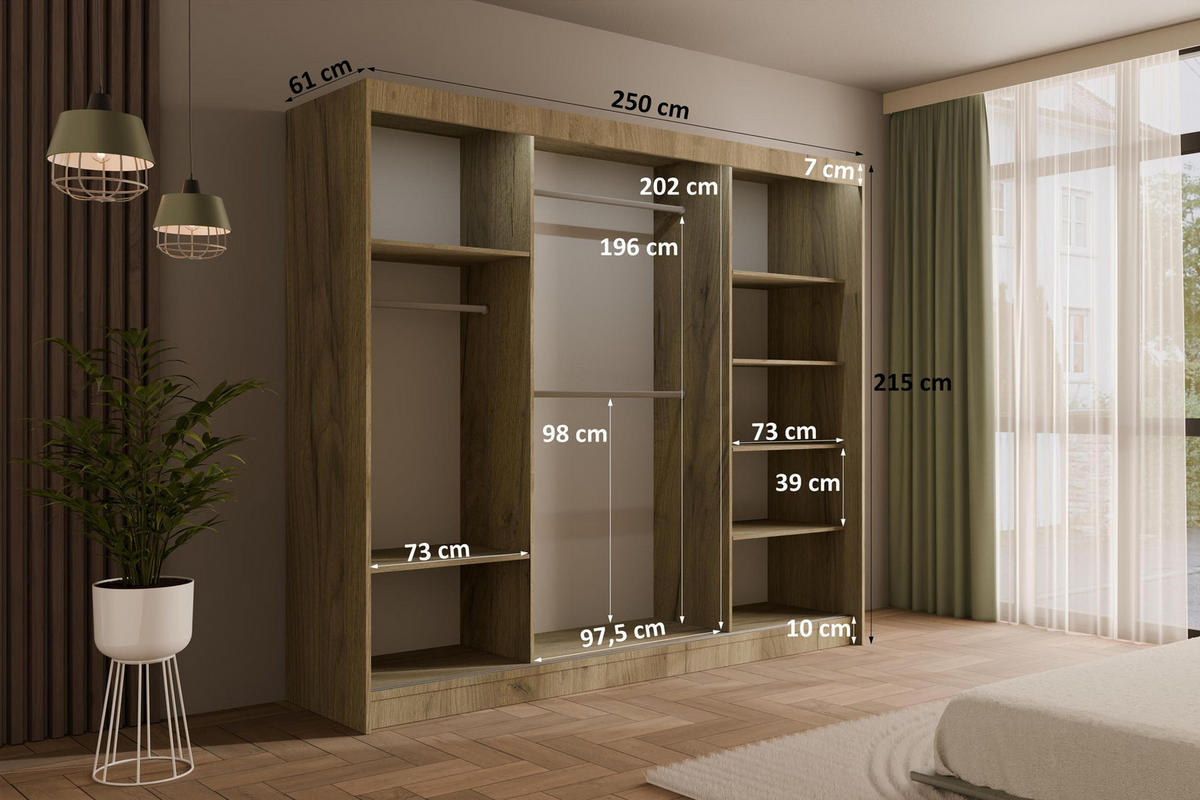KLEIDERSCHRANK VESLI mit LED - 250 cm - Braun|Schwarz - Schwarz/Braun, Holzwerkstoff (250/215/61cm) - ALTDECOR