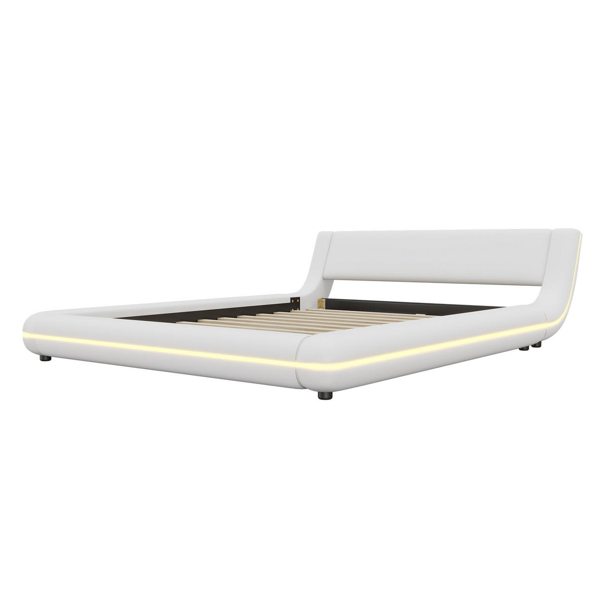 BODENBETT 140/200 cm mit LED-Umgebungsbeleuchtung, App-Steuerung und PU-Oberfläche, Weiß - Weiß, Leder (140/200cm) - Redom