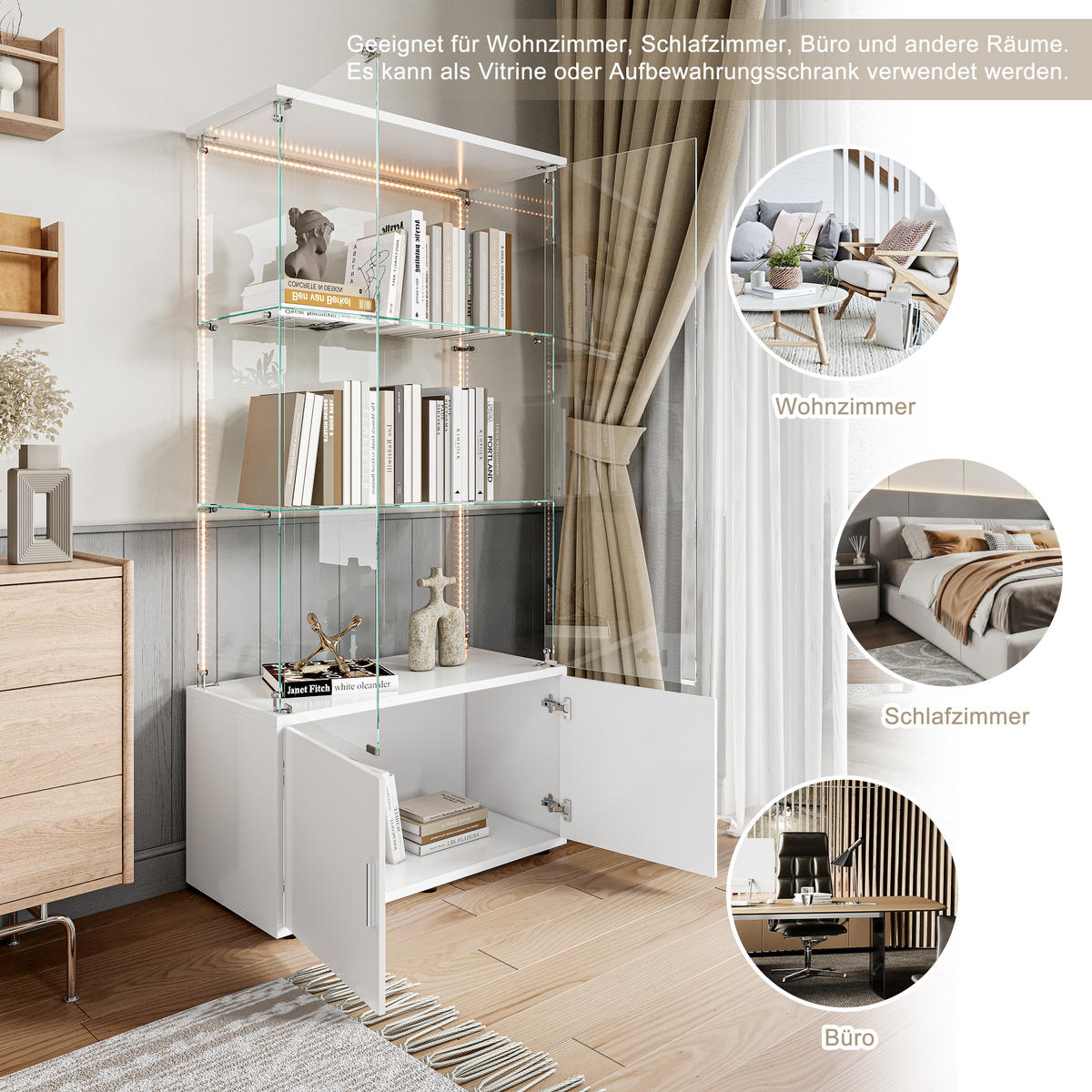 GLASVITRINE 164x78,5x35 cm 4 Türen 6 Einlegeböden LED weiß - Weiß, Holz (78.5/164/35cm) - LEBENLANG