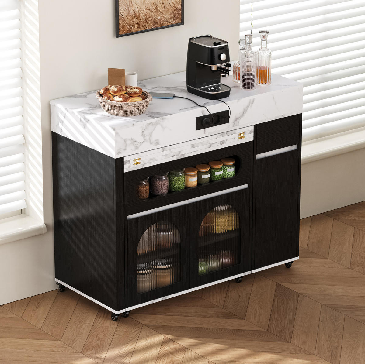 KÜCHENINSEL aus MDF 50.5-187.5x110.5x95.5 cm Schwarz mit Ausziehtisch & Steckdosen - Schwarz, Holzwerkstoff (187.5/95.5/110.5cm) - Modfu