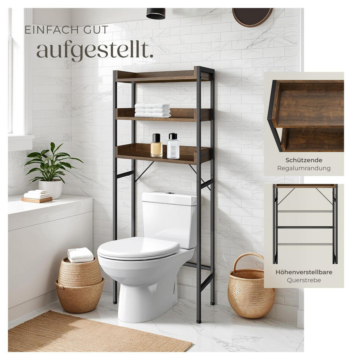 BADEZIMMERREGAL Seattle,inklusive Kippschutz,Industrial Holz dunkel, rustikal - Rostfarben, Holz (63/165/25cm) - tectake