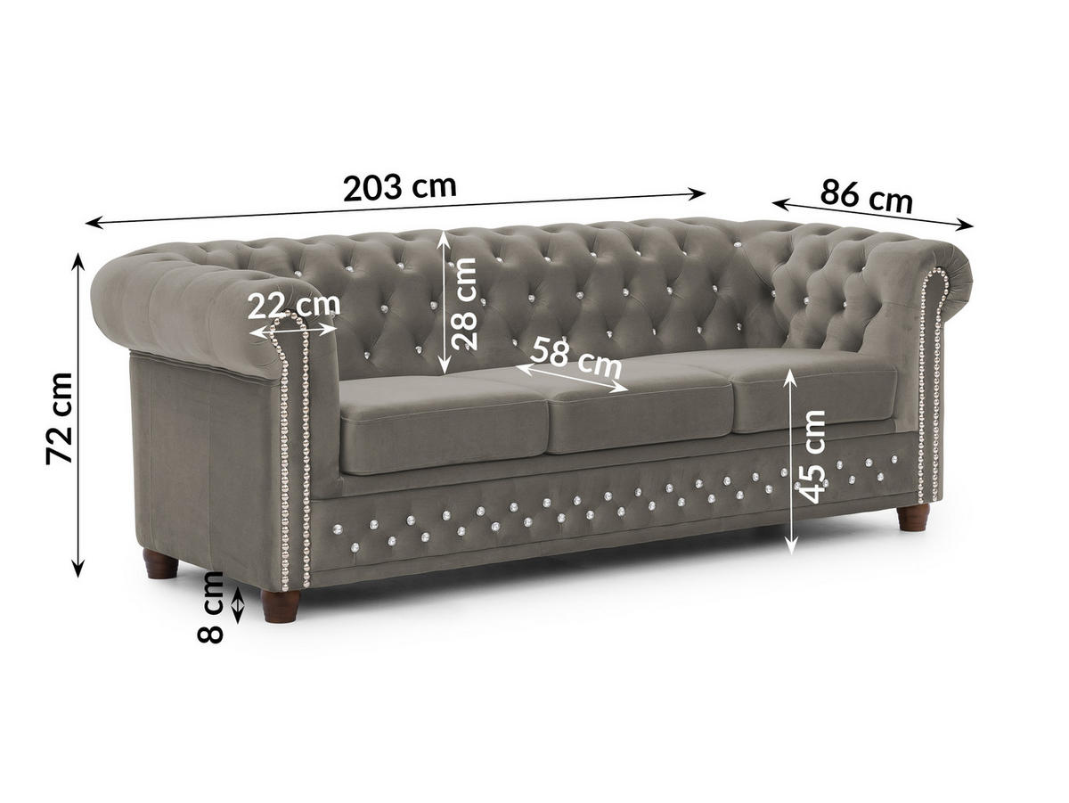 CHESTERFIELD-SOFA 3-sitzer Cleo Blink Grau Samt mit Kristallsteppung und braunen Massivholzfüßen - Braun/Grau, Holz/Textil (203/72/86cm) - S-Style Möbel