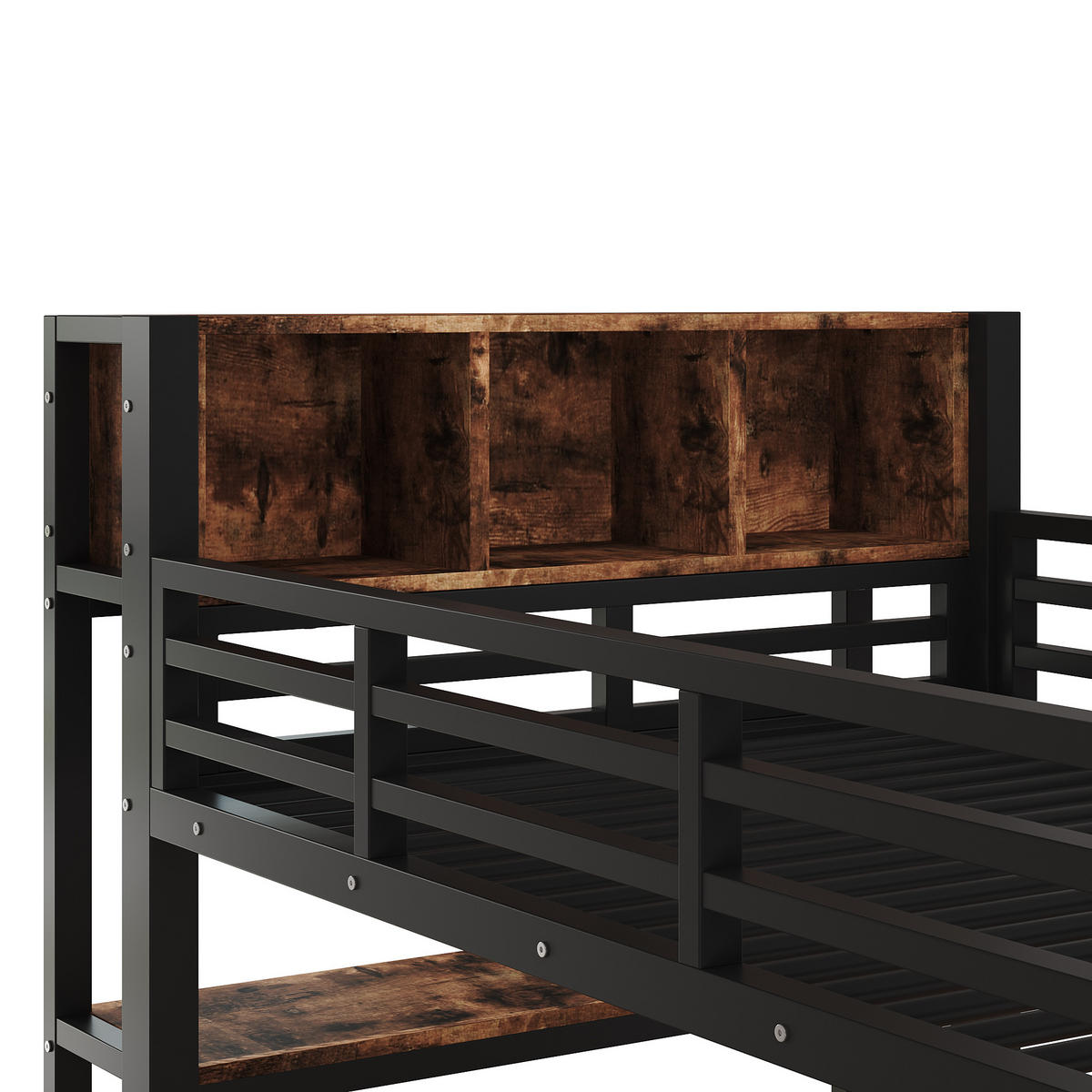 HOCHBETT 90/200 cm Schwarz, mit Tisch, Kleiderständer, Regalen und Staufächern - Schwarz, Metall