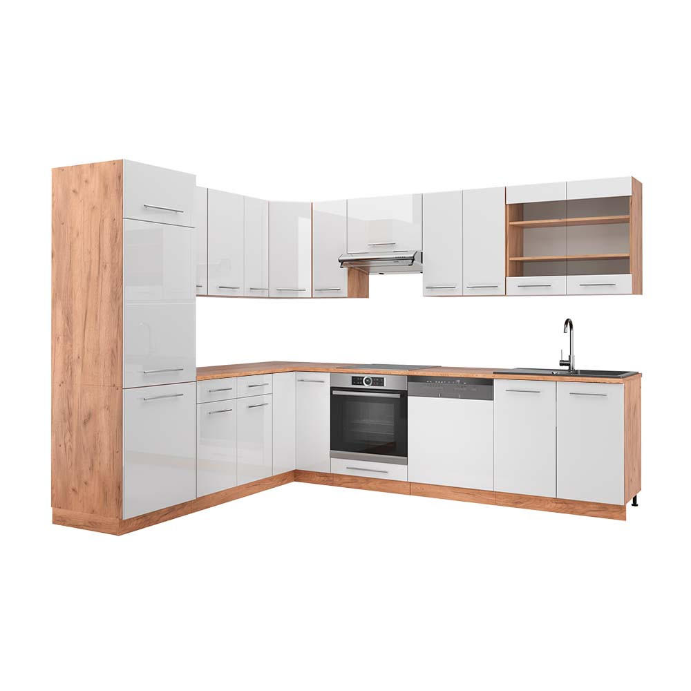 ECKKÜCHE Fame-Line Weiß Hochglanz/Goldkraft Eiche 227 x 287 cm AP Eiche - Honigeiche/Weiß Hochglanz, Holzwerkstoff (227/81.6/60cm) - Vicco