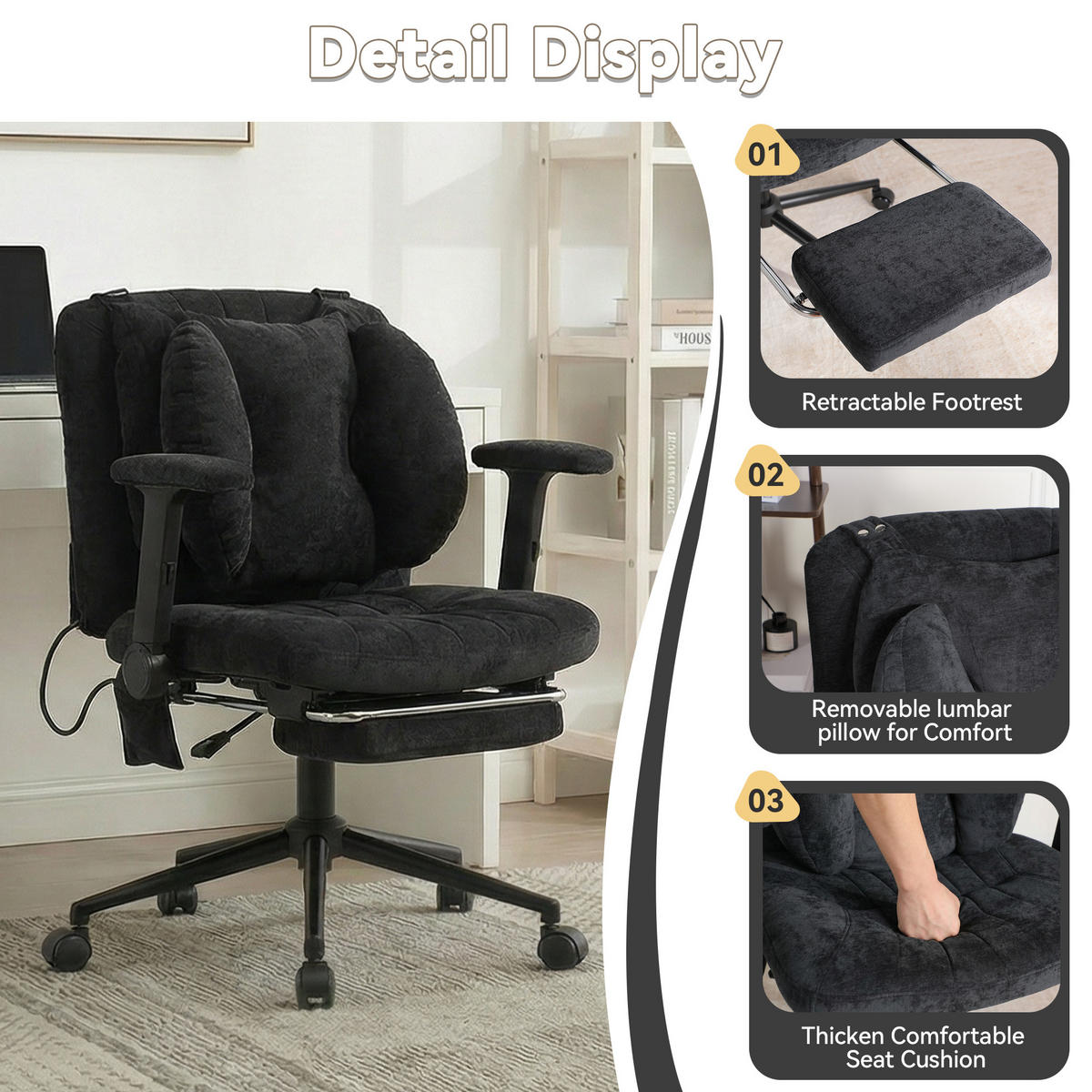 DREHSTUHL DE-40923 mit Fußstütze und Lendenluftkissen Schwarz - Schwarz, Metall (80/86/55cm) - ComfortXL