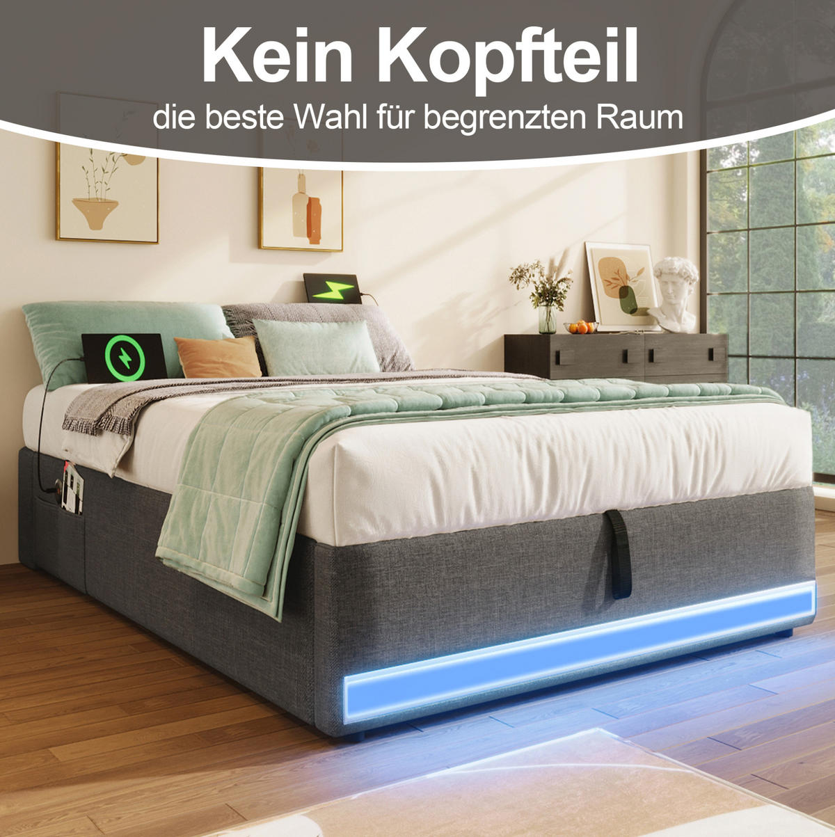 TAPECIRANI krevet 90/200 cm s LED osvjetljenjem, USB i Type-C priključkom te hidrauličnim spremištem, Siva - siva, tekstil (90/200cm) - Redom