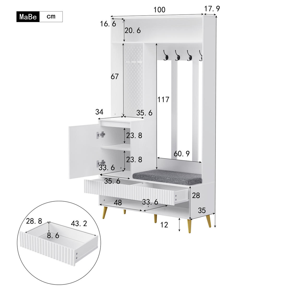 PREDSIEŇOVÁ zostava 100/35/180 cm biela z MDF s lavicou, 4 háčikmi, 2 zásuvkami a skrinkou - biela, kompozitné drevo (100/180/35cm) - OKWISH