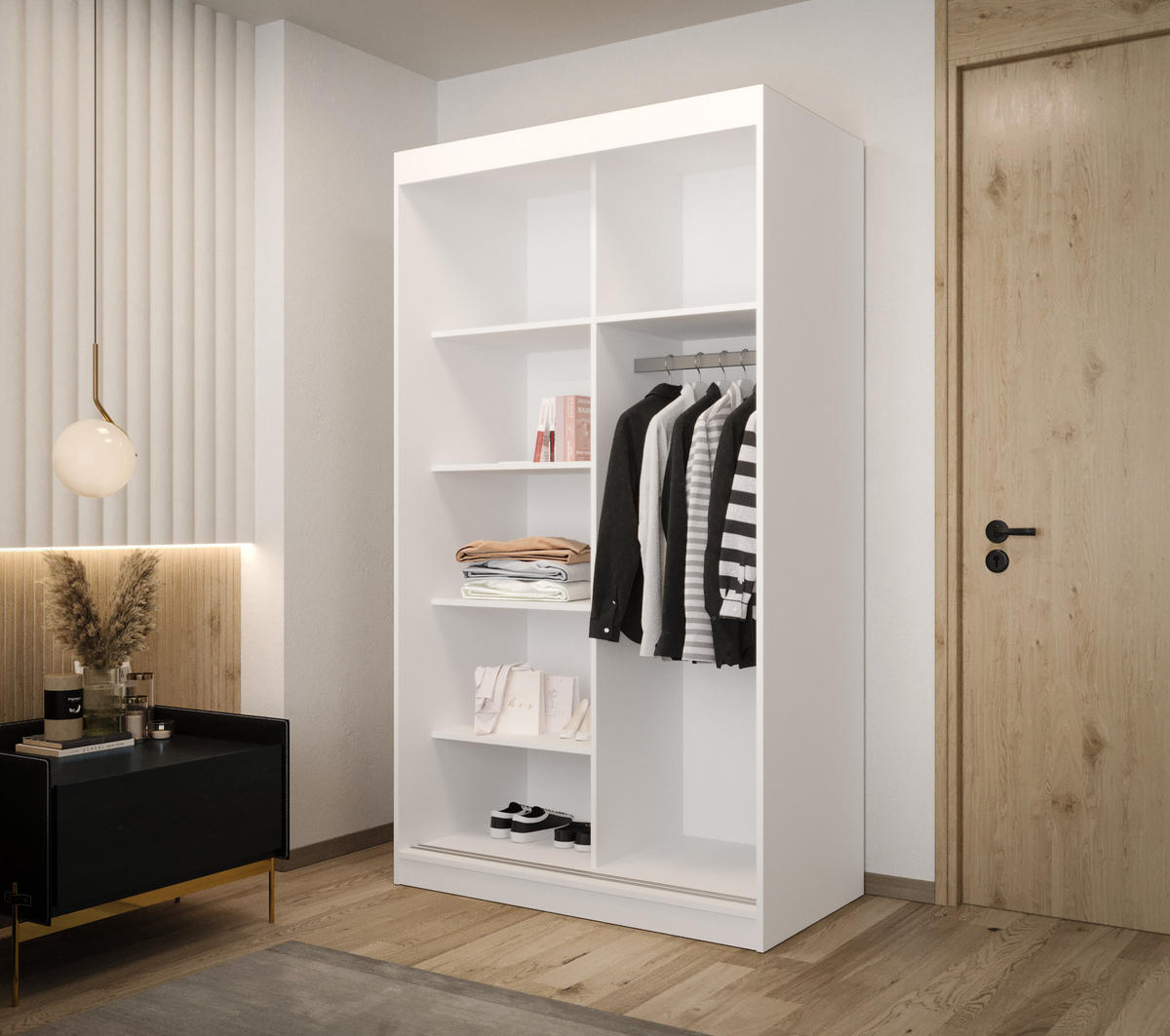 SCHIEBETÜRENSCHRANK MODENA 2 120, 2-türig Kleiderschrank mit 1 Spiegel, Moderne Garderobe, Schrank in Größe: 120 x 216 x 65 cm - Schwarz/Weiß, Holzwerkstoff (120/216/65cm) - O-Sofa