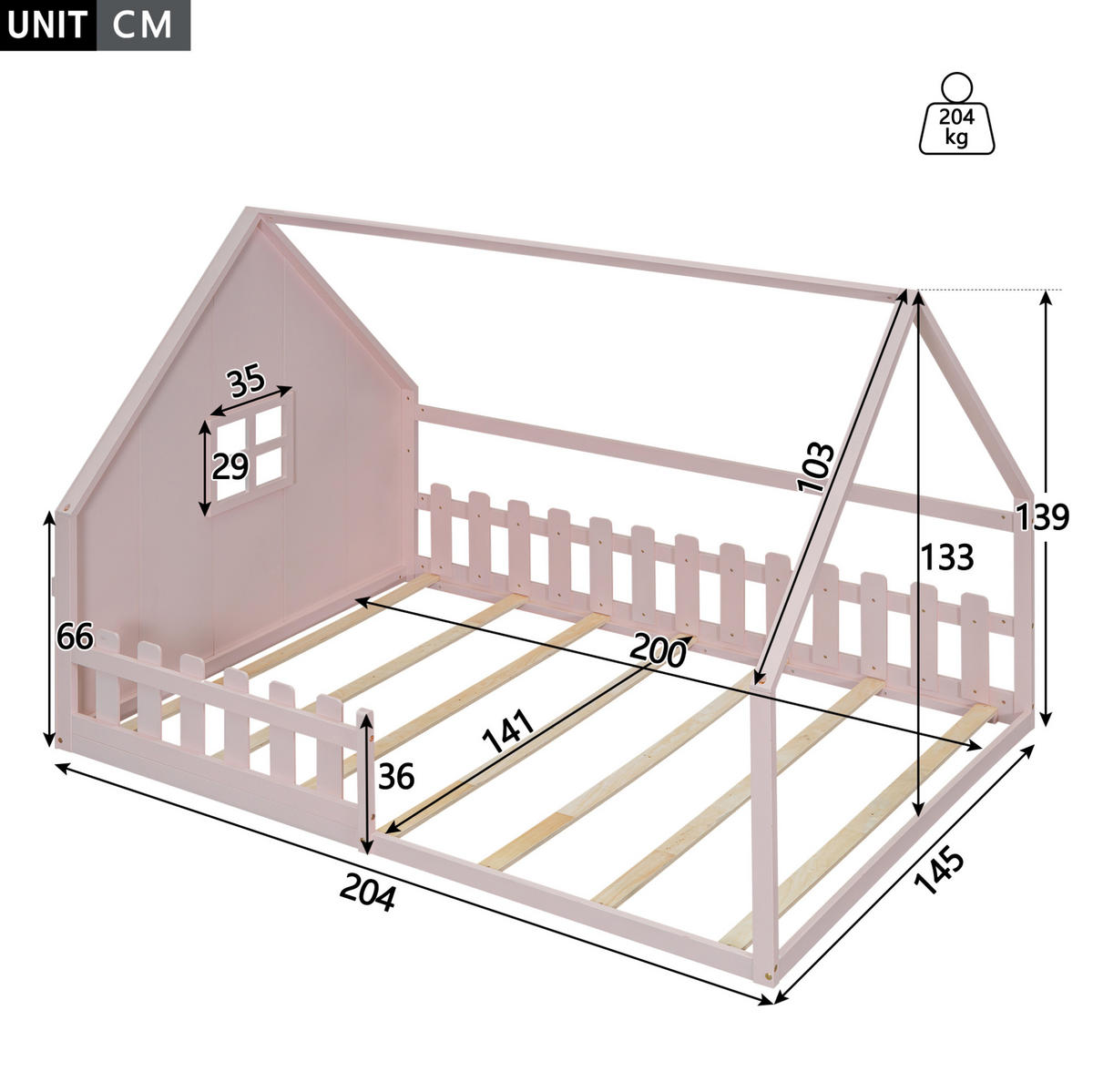 HAUSBETT 140/200 cm in Rosa aus Kiefernholz und MDF mit Hausrahmen - Rosa, Holz (140/200cm) - OKMYHOME
