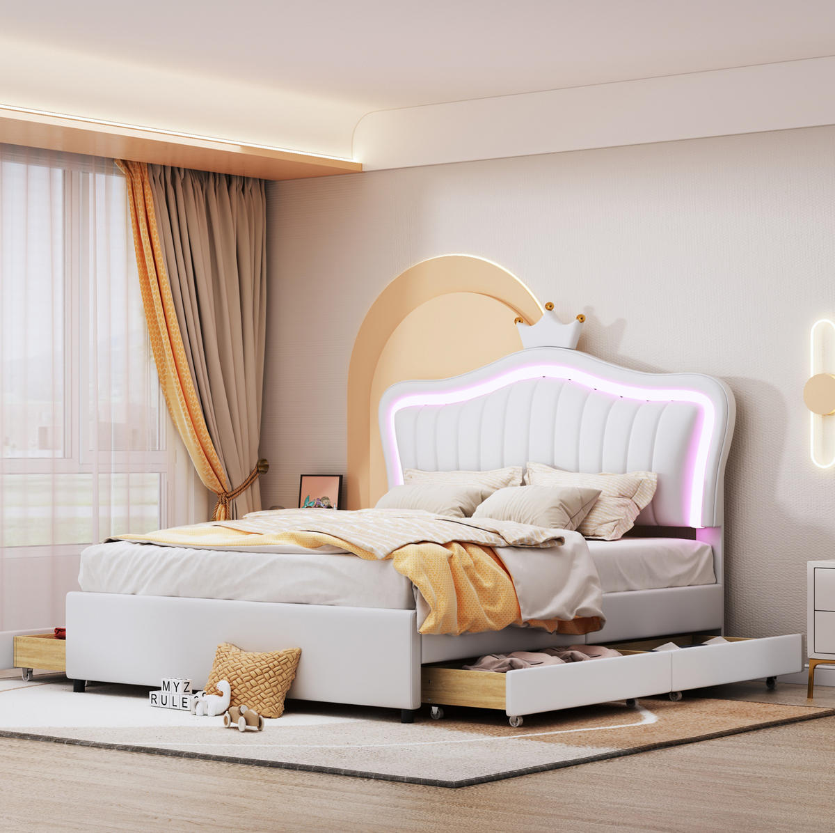 POLSTERBETT 140/200 cm Weiß aus PU-Leder mit Stauraumschubladen und LED - Weiß, Textil (140/200cm) - OKMYHOME