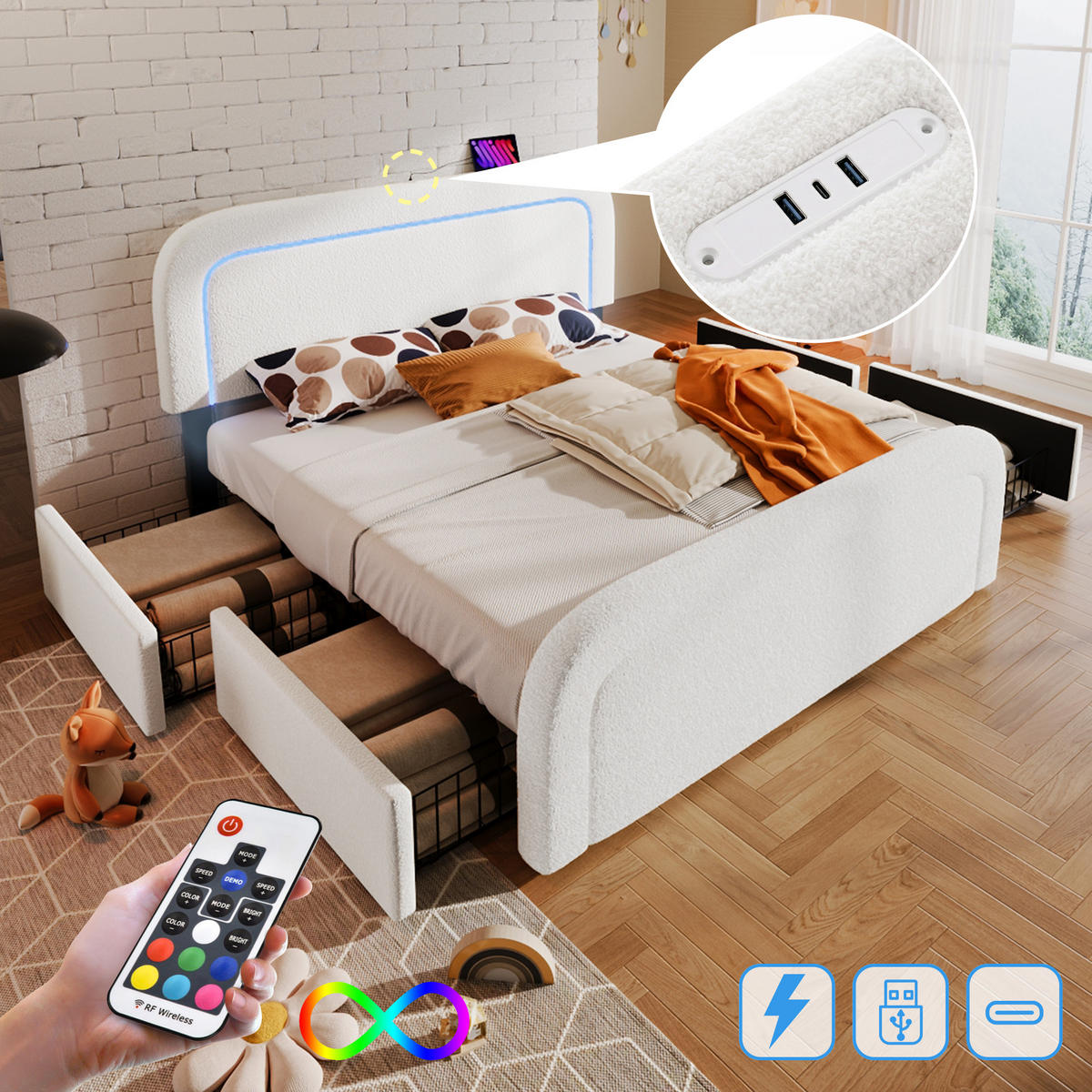 TEENAGERBETT 160/200 cm DE-00296, in Weiß, 4 Schubladen - Weiß, Holz (160/200cm) - ComfortXL