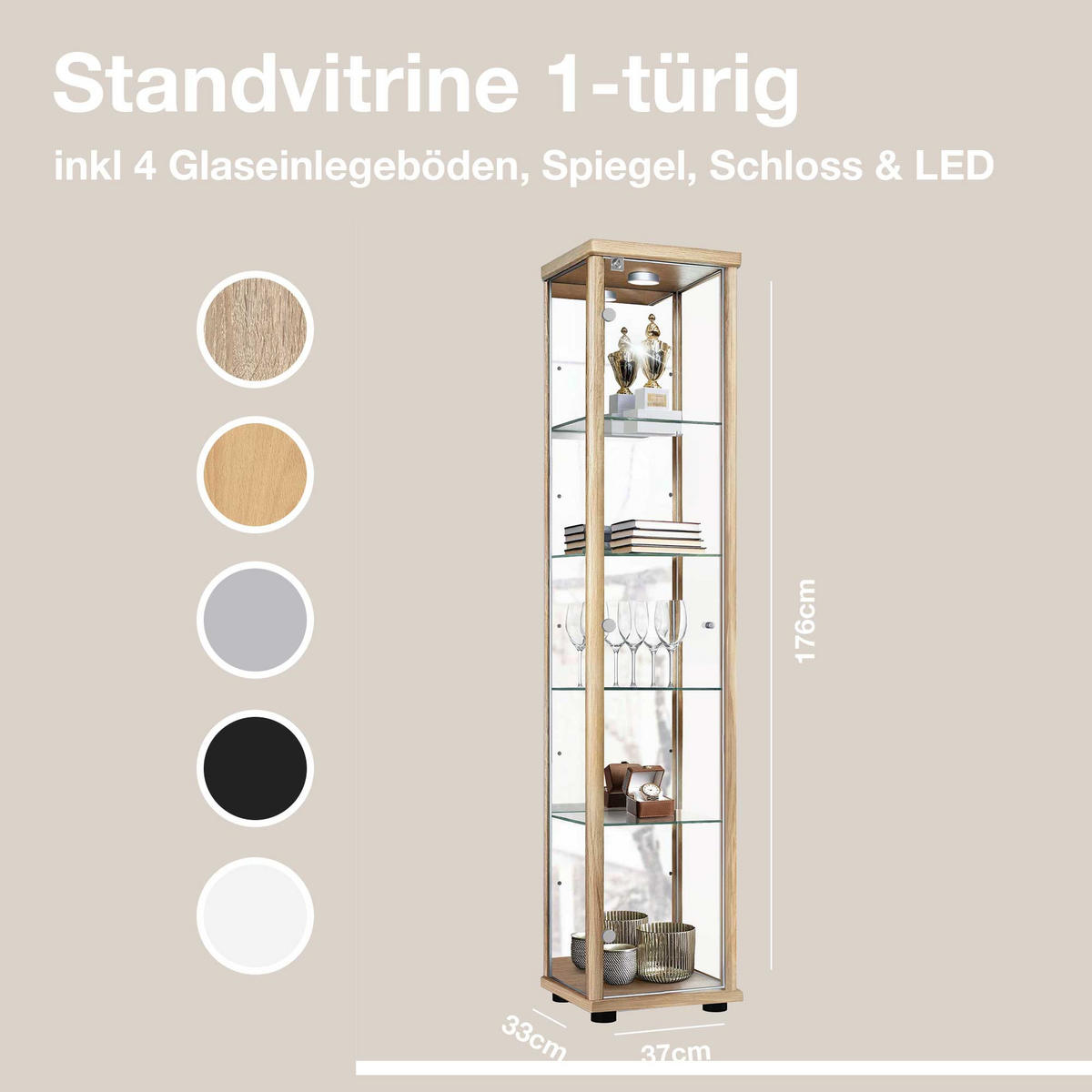 GLASVITRINE 33/37/176 cm mit Spiegel, LED, Schloss & 4 höhenverstellbaren Glasböden - Transparent/Silberfarben, Glas/Holzwerkstoff (37/176/33cm) - K-Möbel