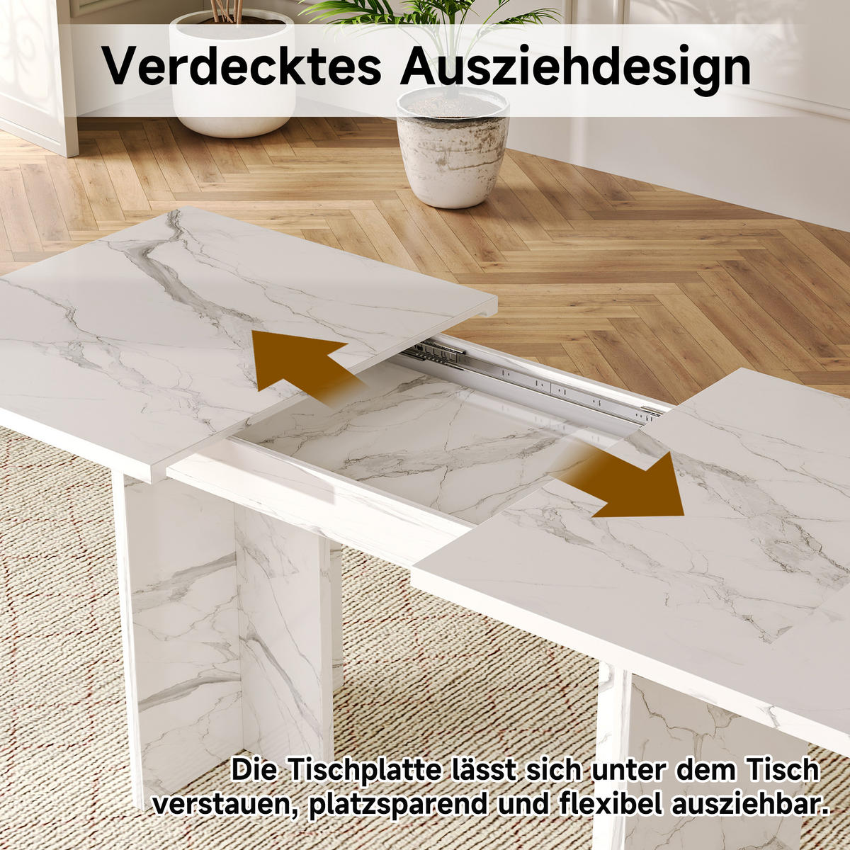 AUSZIEHTISCH 140/180/80 cm White Marble aus MDF mit Untertisch-Aufbewahrung - Weiß, Holzwerkstoff (180/80/75cm) - OKWISH