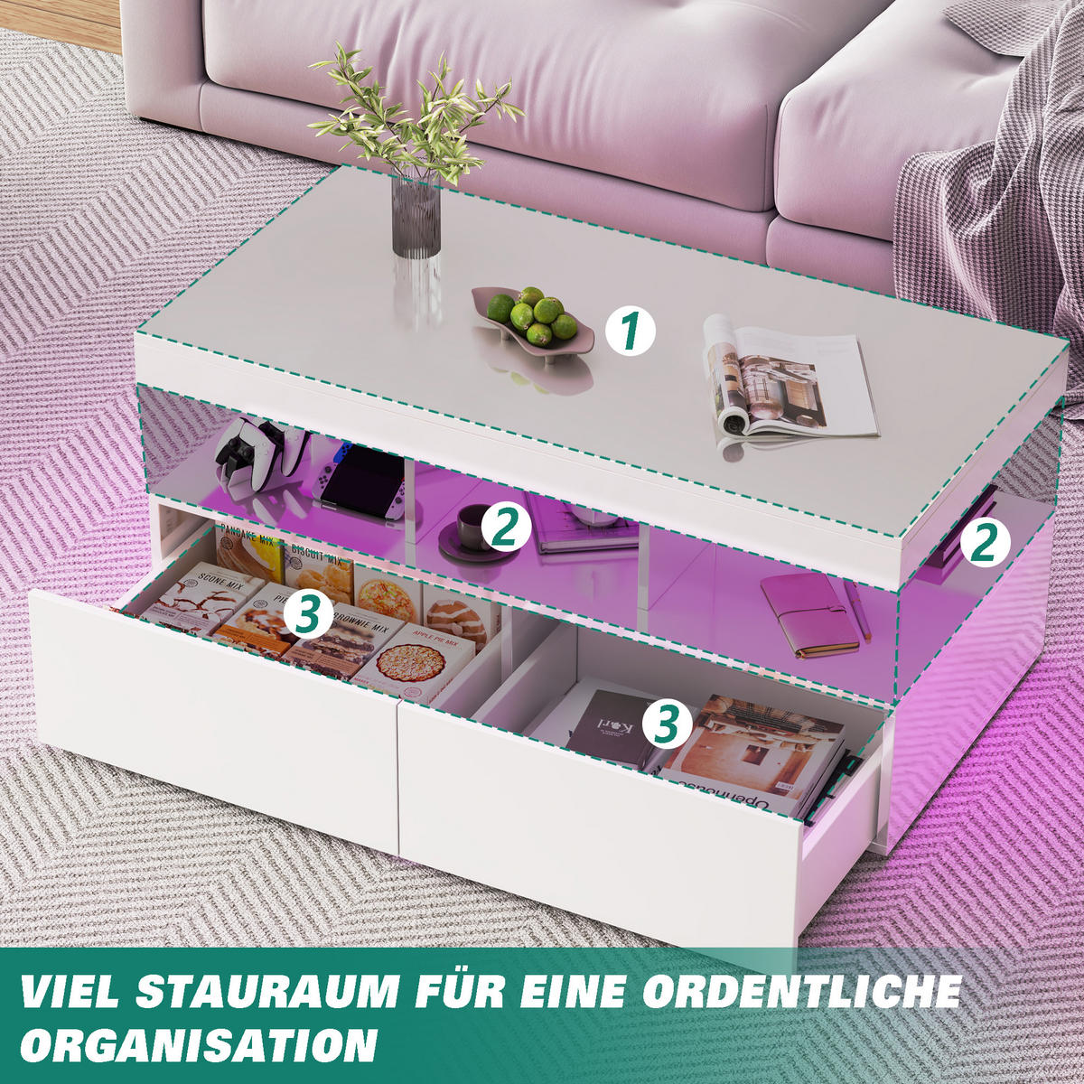 COUCHTISCH mit LED Stauraum Schublade 104x53x46 cm - Weiß, Holzwerkstoff (104/53/46cm) - SHOPENTRA