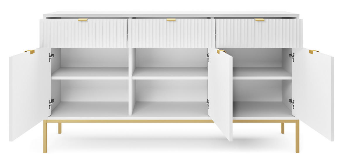 SIDEBOARD Eternas 3T 3S Weiß 154/83/39 cm – goldene Füße, mit geriffelten Fronten - Goldfarben/Weiß, Holzwerkstoff (154/83/39cm) - AX Living