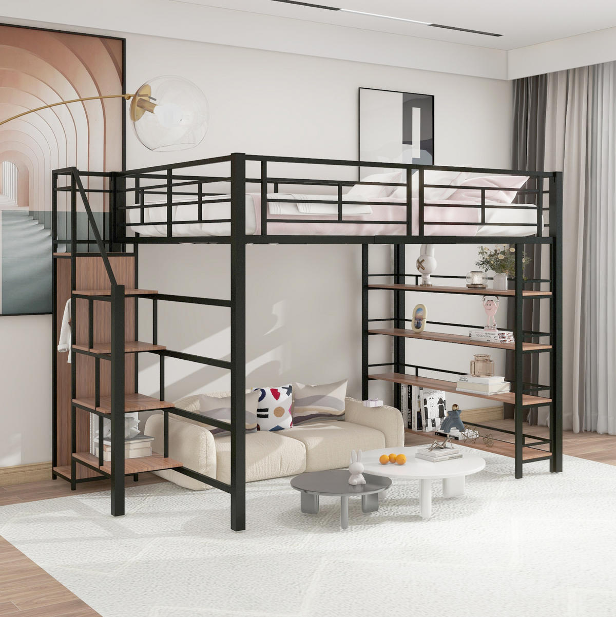 HOCHBETT 140/200 cm mit Stauraumtreppe, Regalen und Kleiderstange, Metall, Schwarz - Schwarz, Metall (140/200cm) - Redom