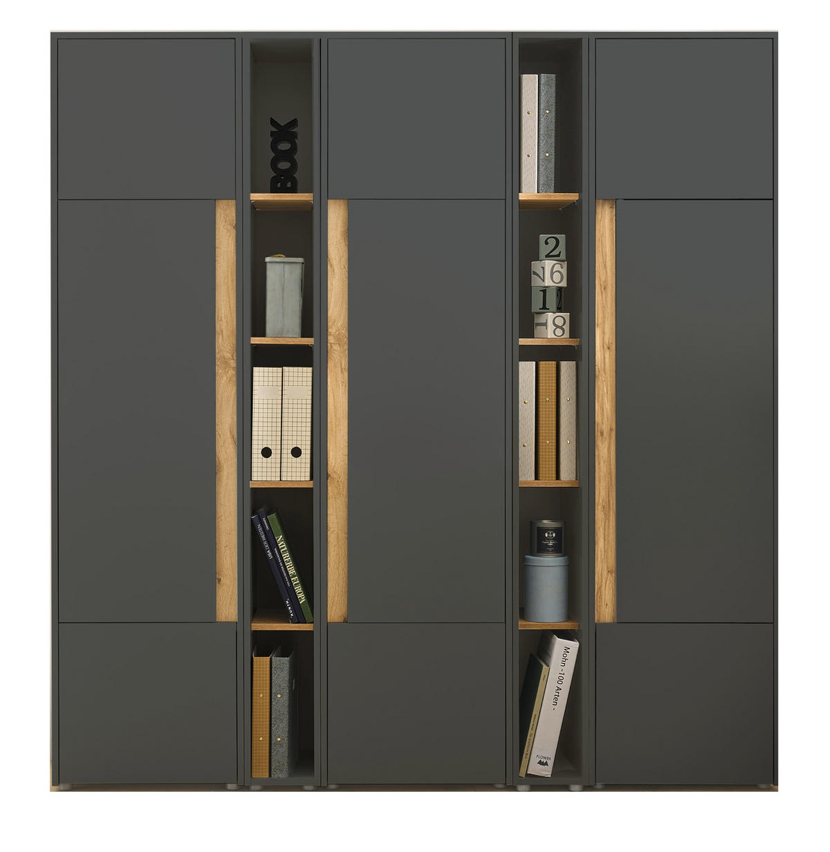 AKTENSCHRANK Set 5-teilig grau matt, Eiche Wotan 190 x 200 cm, Schrank-Regal-Kombination mit 25 Fächern - Eiche Wotan/Schwarz, Holzwerkstoff/Kunststoff (190/200/40cm) - Furn.Design