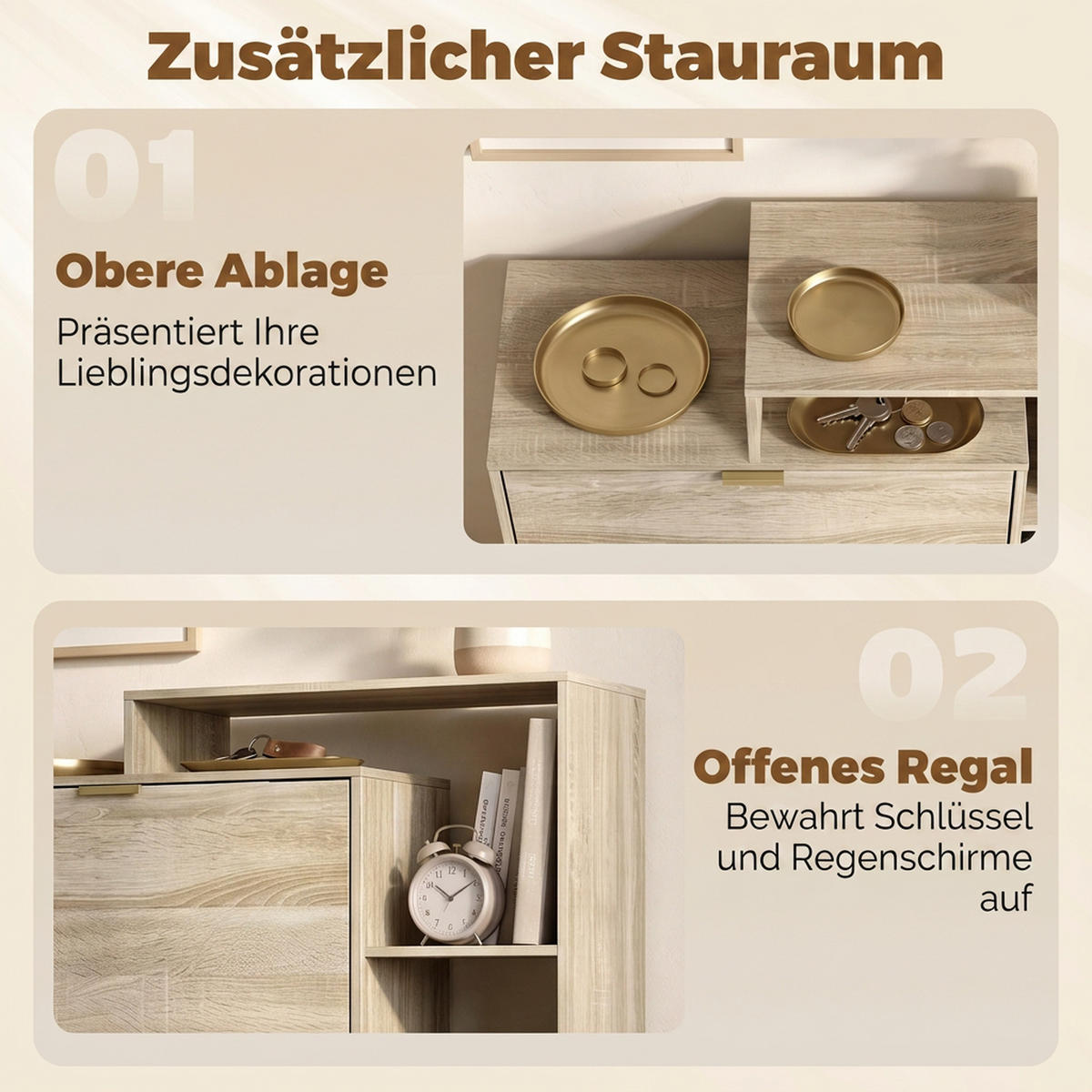 SCHUHSCHRANK MDF Naturholz - Goldfarben/Naturfarben, Holzwerkstoff/Metall (25/123.8/80cm) - HOMCOM