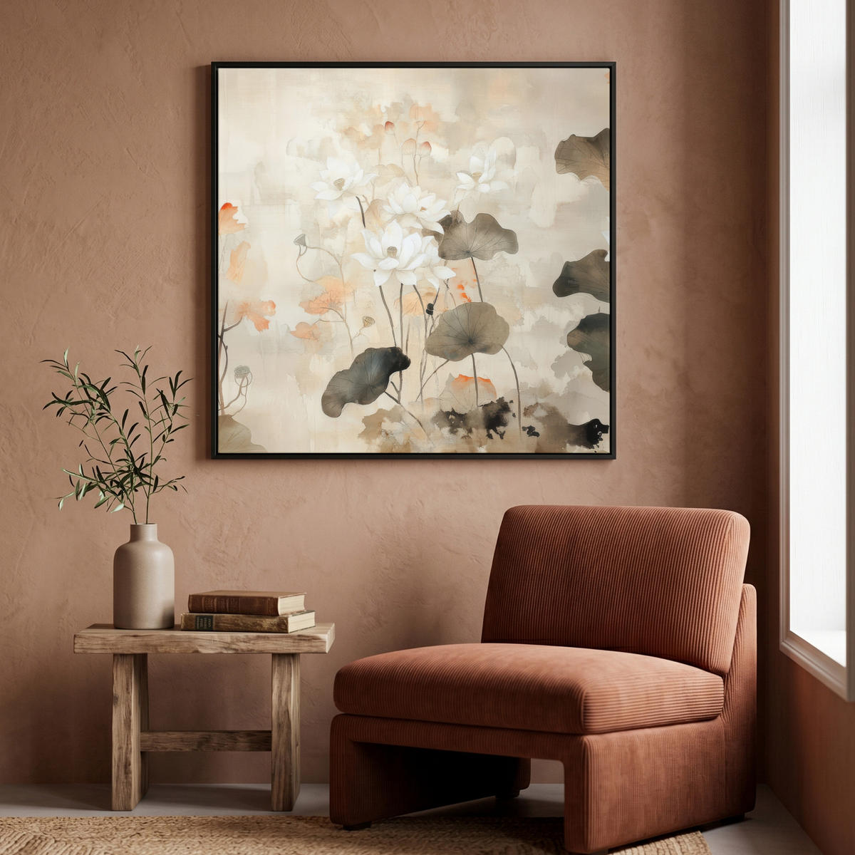 LEINWAND Bilder mit Rahmen - Blumen - Japandi - Wabi sabi - 90x90 - Sandfarben, Textil (90/90cm) - MuchoWow