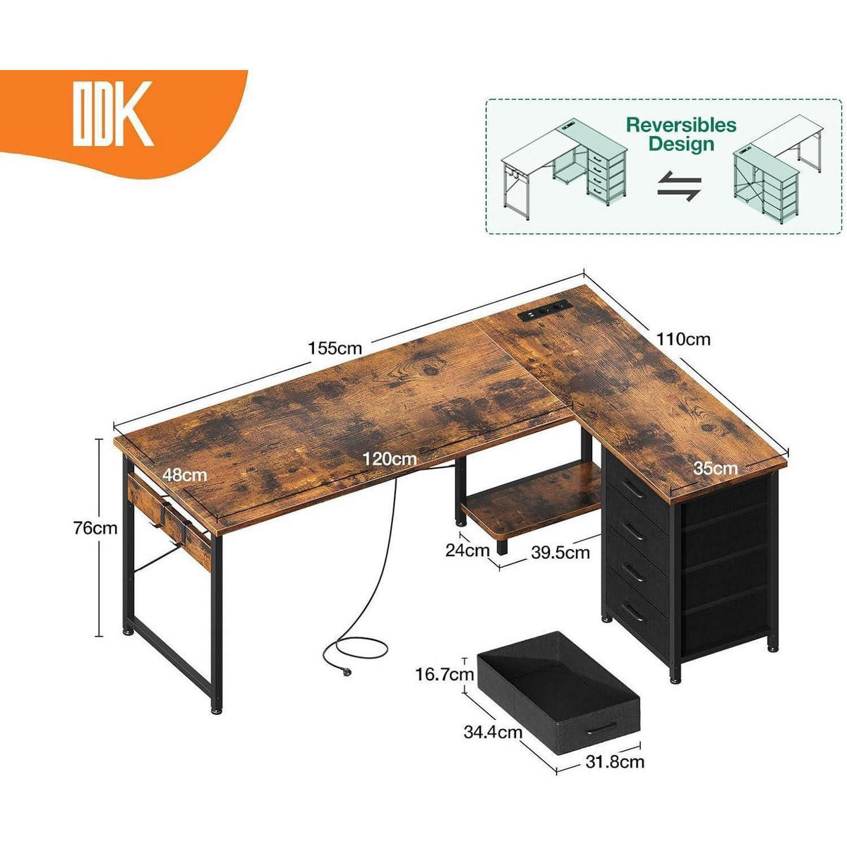 ECKSCHREIBTISCH mit Steckdose und USB 155 x 110 cm Vintage-Braun - Braun, Holzwerkstoff (110/155/76cm)