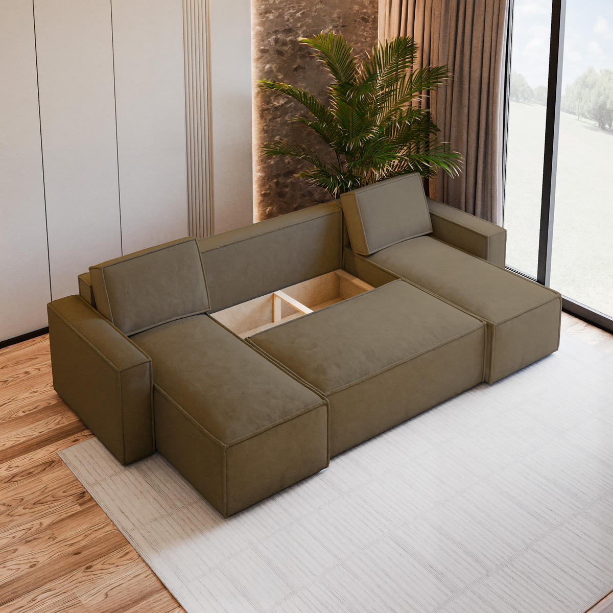 WOHNLANDSCHAFT PESANO M Beige Velours-Stoff mit Schlaffunktion - Beige, Holz (306/85/140cm) - MASSENO