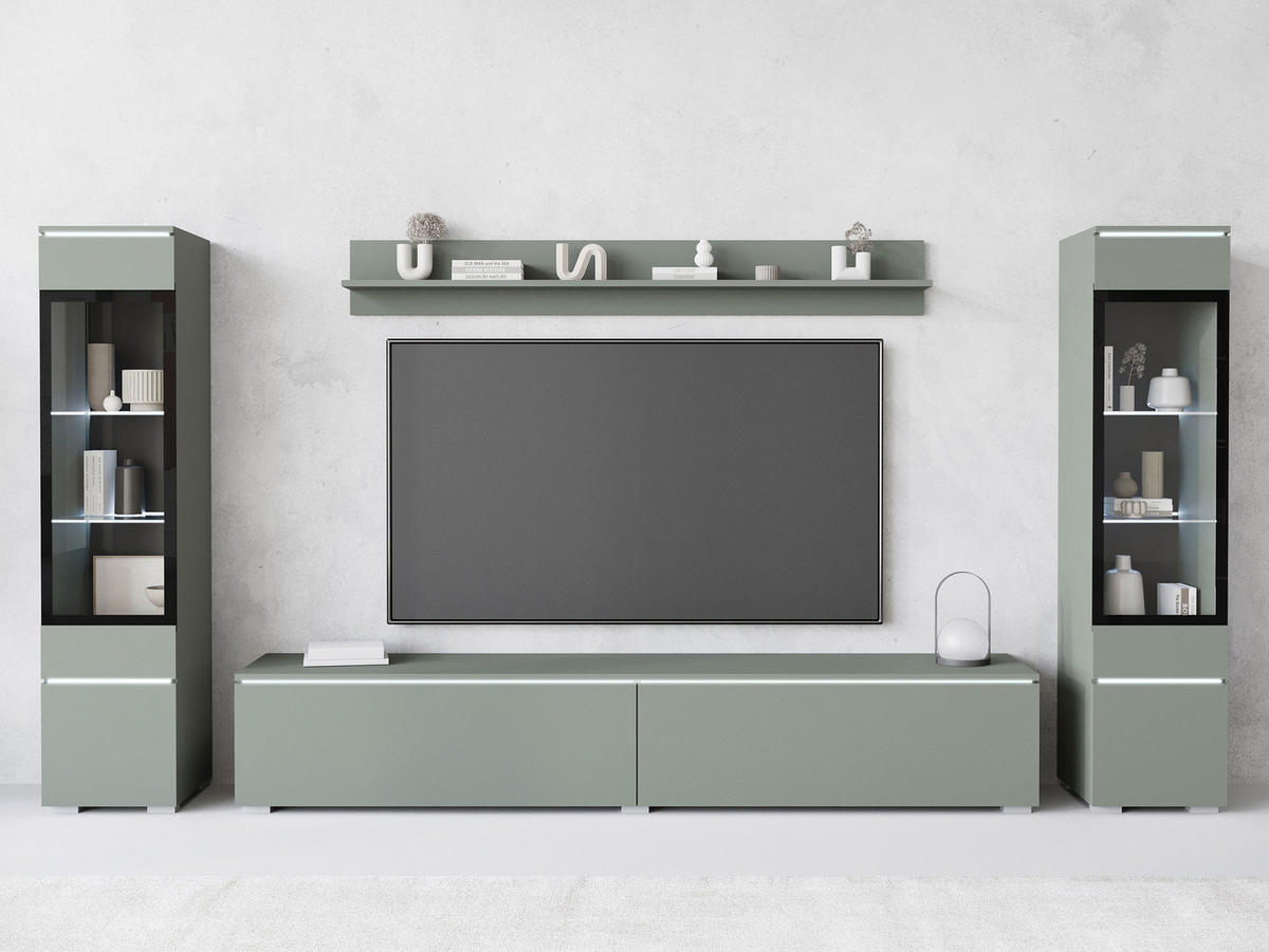 WOHNWAND Vera II mit weißer LED Beleuchtung - Grün, Holzwerkstoff (30/130/33cm) - MIRJAN24