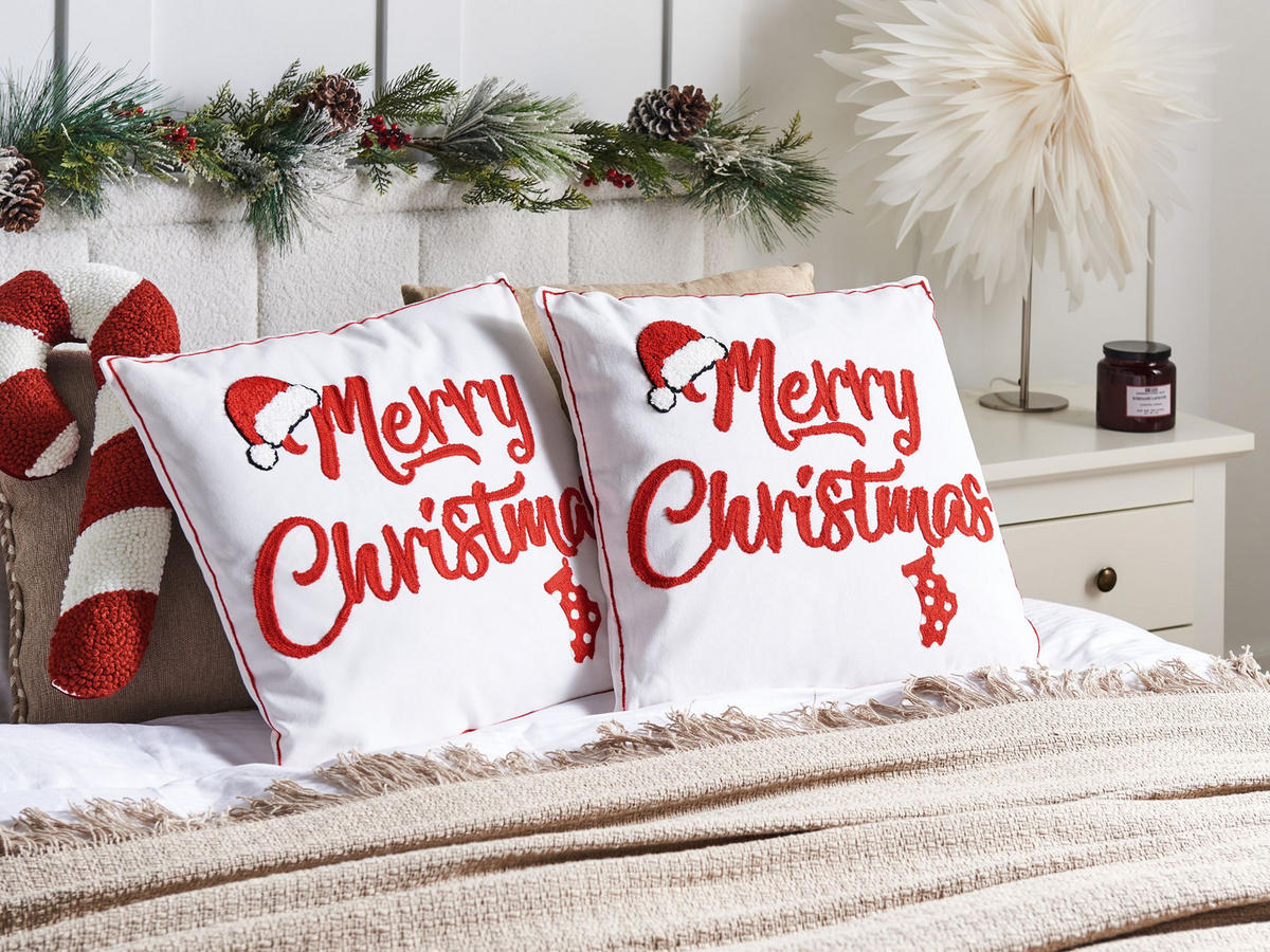 Dekokissen 2er-Set Cremeweiß 45/45 cm Pizzelle - Rot/Weiß, Naturmaterialen (45/45cm) - Beliani