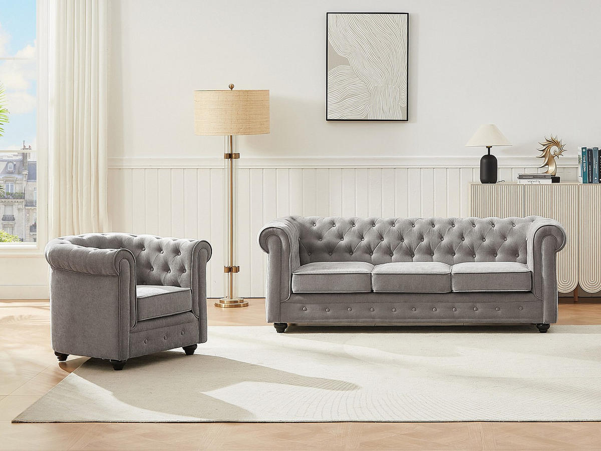 SOFA 3-Sitzer & Sessel - Stoff - Grau - CHESTERFIELD - Grau, Textil (205/72/88cm) - Vente-Unique