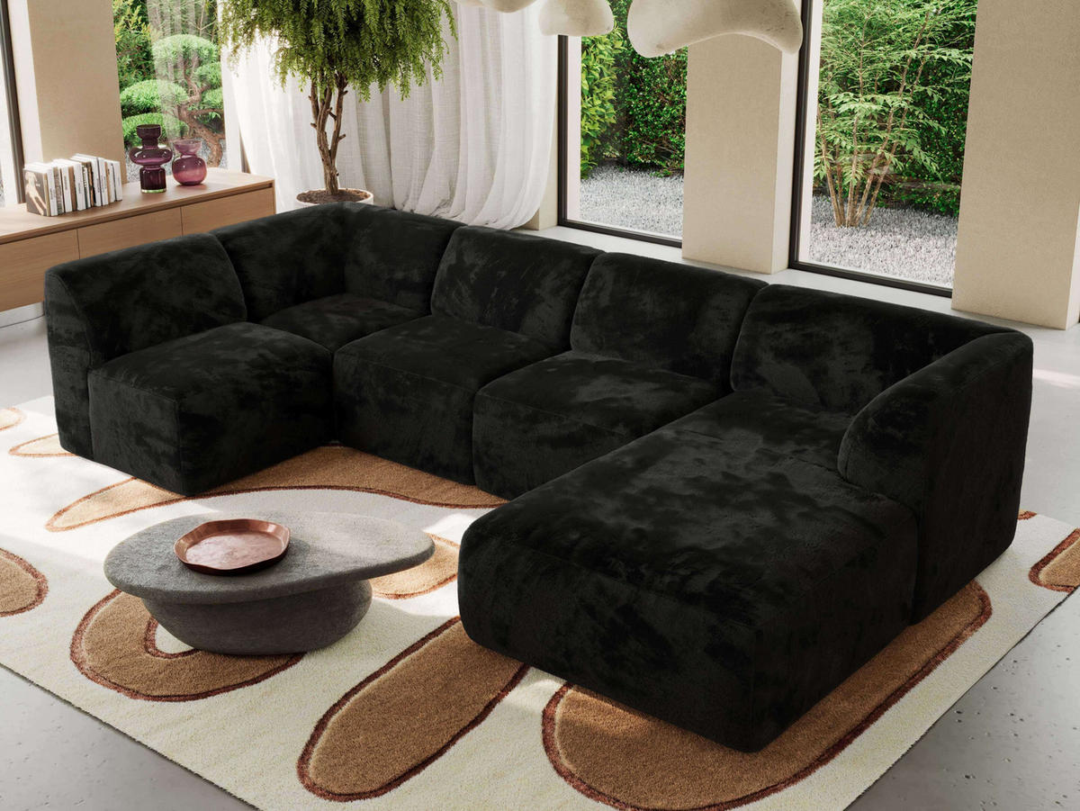 WOHNLANDSCHAFT MODARO U 6M - Schwarz Plüsch - Rechts - Schwarz, Textil (345/78/180cm) - MKS