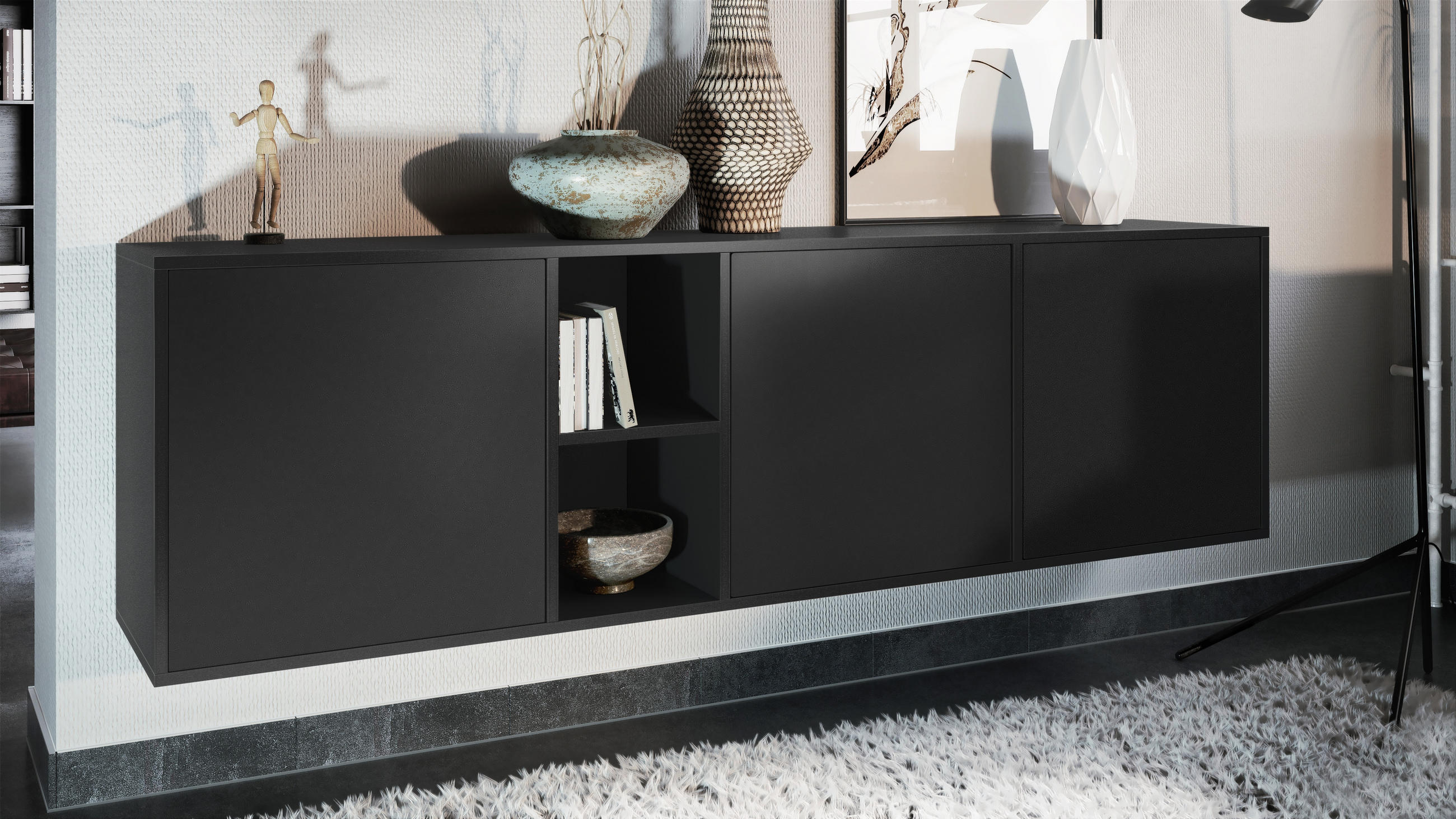 SIDEBOARD Cuba Türen in Schwarz matt - Schwarz, Holzwerkstoff (182/53/35cm) - Vladon