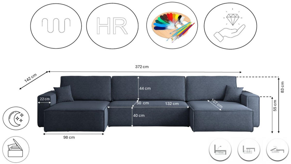 ECKSOFA Mit Schlaffunktion Und Bettkasten, Eckcouch BEST U XL Stoff Verita Marineblau - Dunkelblau, Holz (142/372cm) - Kaiser Möbel