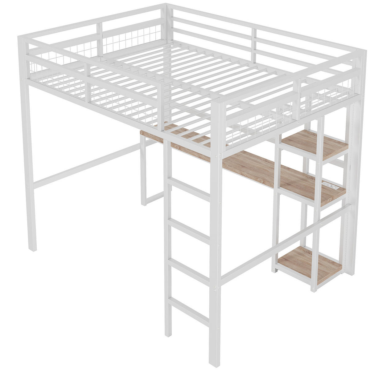 VISOKI krevet 140/200 cm s policama, stolom, USB i Type-C utičnicom, zaštitnom ogradom i ljestvama, Bijeli - bijela, metal (140/200cm) - Redom