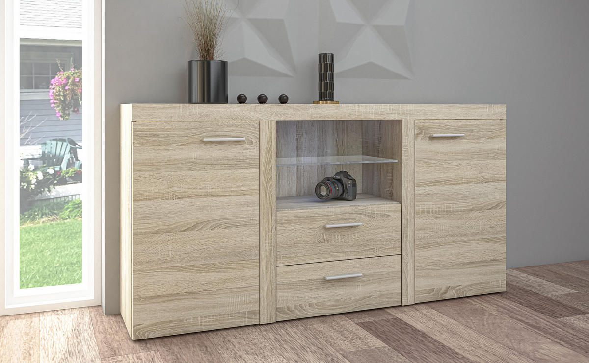 SIDEBOARD Spacoro 2F2S Eiche Sonoma 156,4/82/40,3 cm – Schubladenschrank Kommode Modern - Beige, Holzwerkstoff/Kunststoff (156/82/40cm) - AX Living