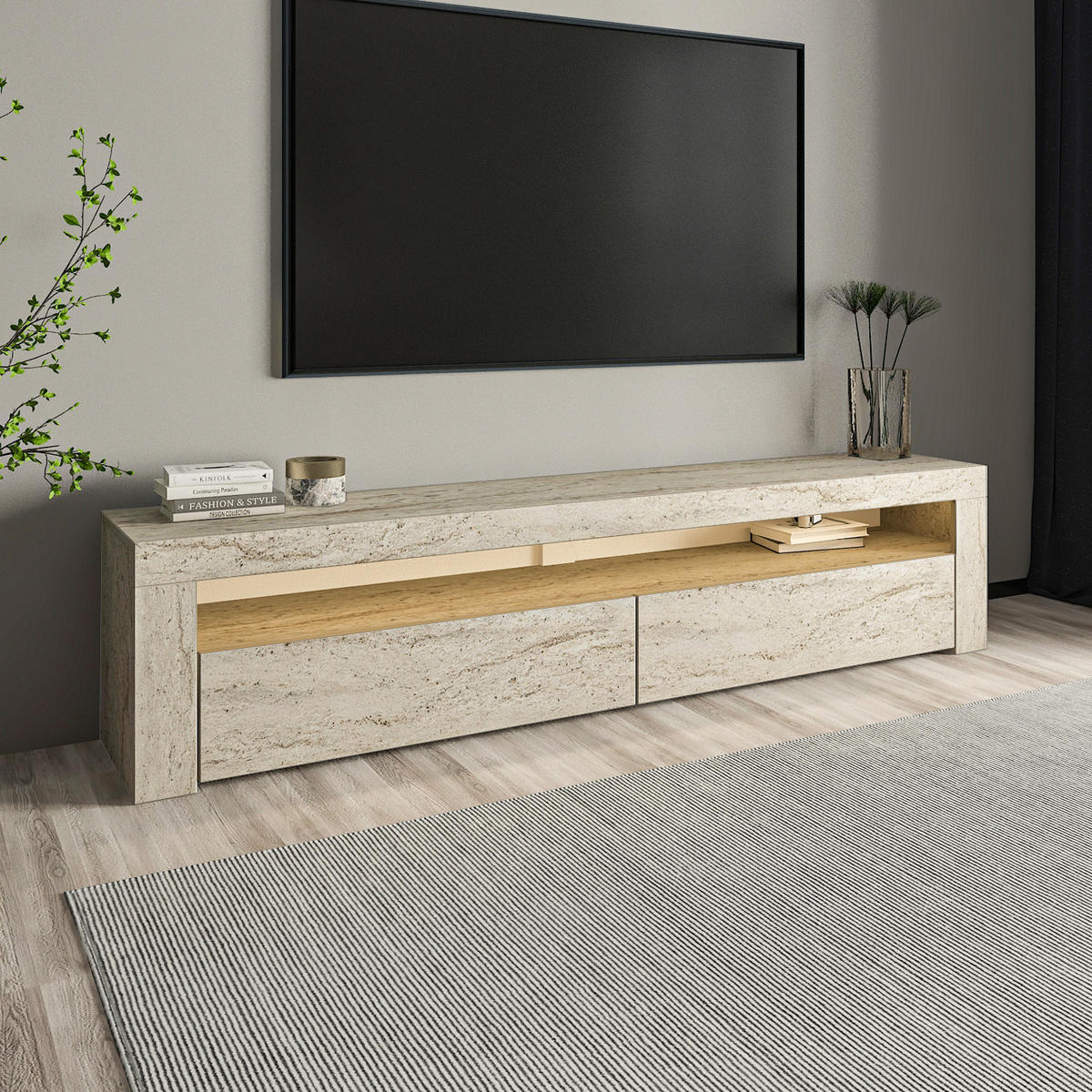TV LOWBOARD Bati Granitoptik mit Travertin LED-Leuchten 93311 - Beige, Holzwerkstoff (150/47/37cm) - moebel17