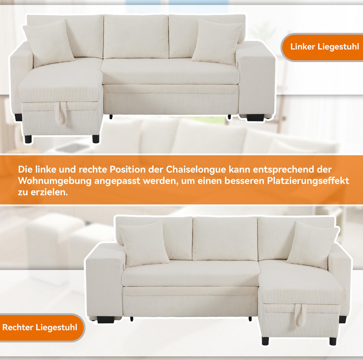 ECKSOFA 231/131.5/84 cm Beige aus Cord mit Schlaffunktion und Stauraum - Beige, Textil (131.5/231cm) - OKMYHOME