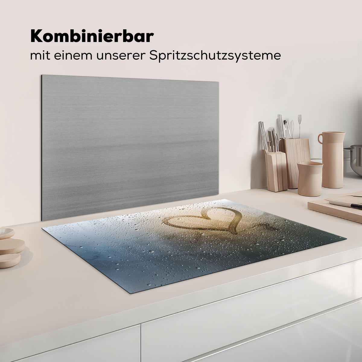 HERDABDECKPLATTE Herz - Kondenswasser - Wasser - 3D Ceranfeldabdeckung 80x52 cm - Grau, Kunststoff (80/52/0.2cm) - MuchoWow