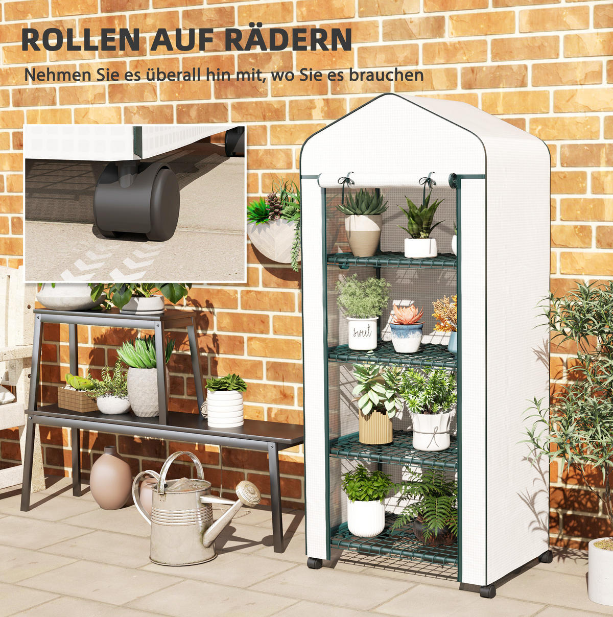 GEWÄCHSHAUS 69/50/165 cm in Weiß mit 4 Regalböden und Rolltür - Weiß, Metall (50/165/69cm) - Flora Grace