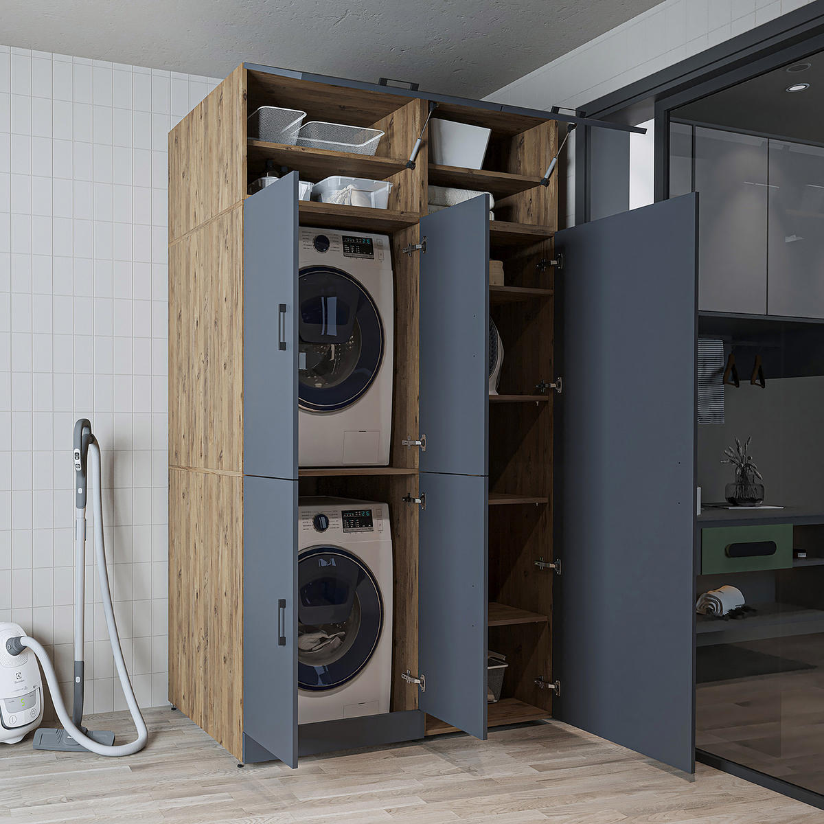 WASCHMASCHINENSCHRANK DORA-II 130cm Breit, 230cm Hoch - Anthrazit, Holzwerkstoff (130/230/73.8cm)