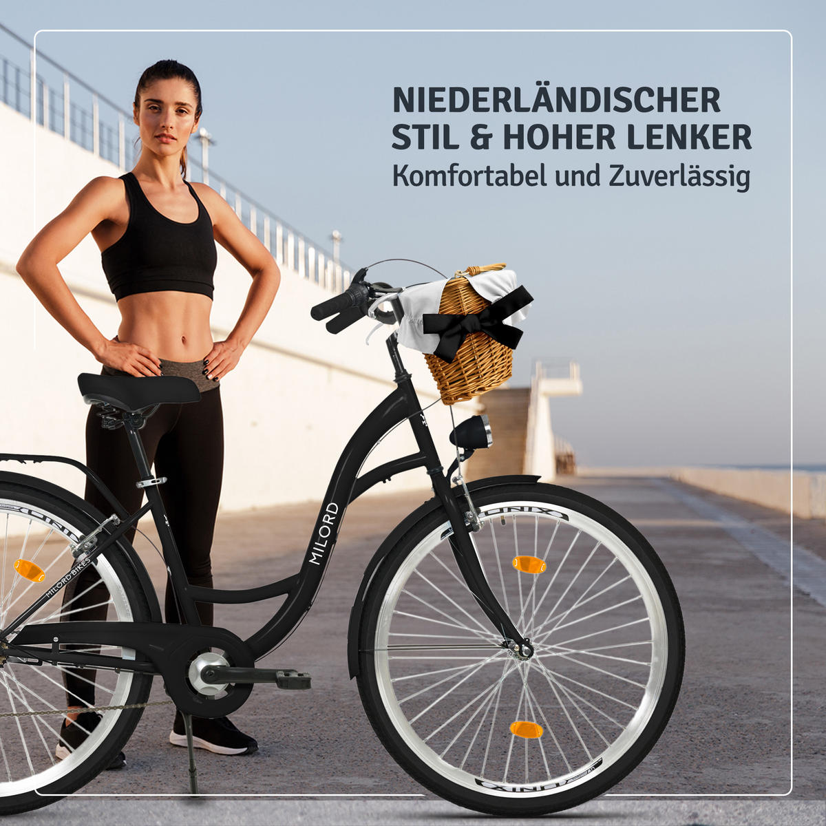 CITY-FAHRRAD Milord mit Weidenkorb, 28 Zoll, Schwarz, 7-Gang - Schwarz, Metall (46cm) - Milordbikes