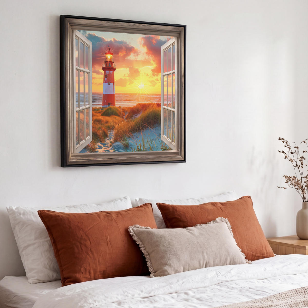 LEINWAND Bilder mit Rahmen - Aussicht - Fenster - Leuchtturm - Sonnenuntergang - Strand - 50x50 - Dunkelorange, Textil (50/50cm) - MuchoWow