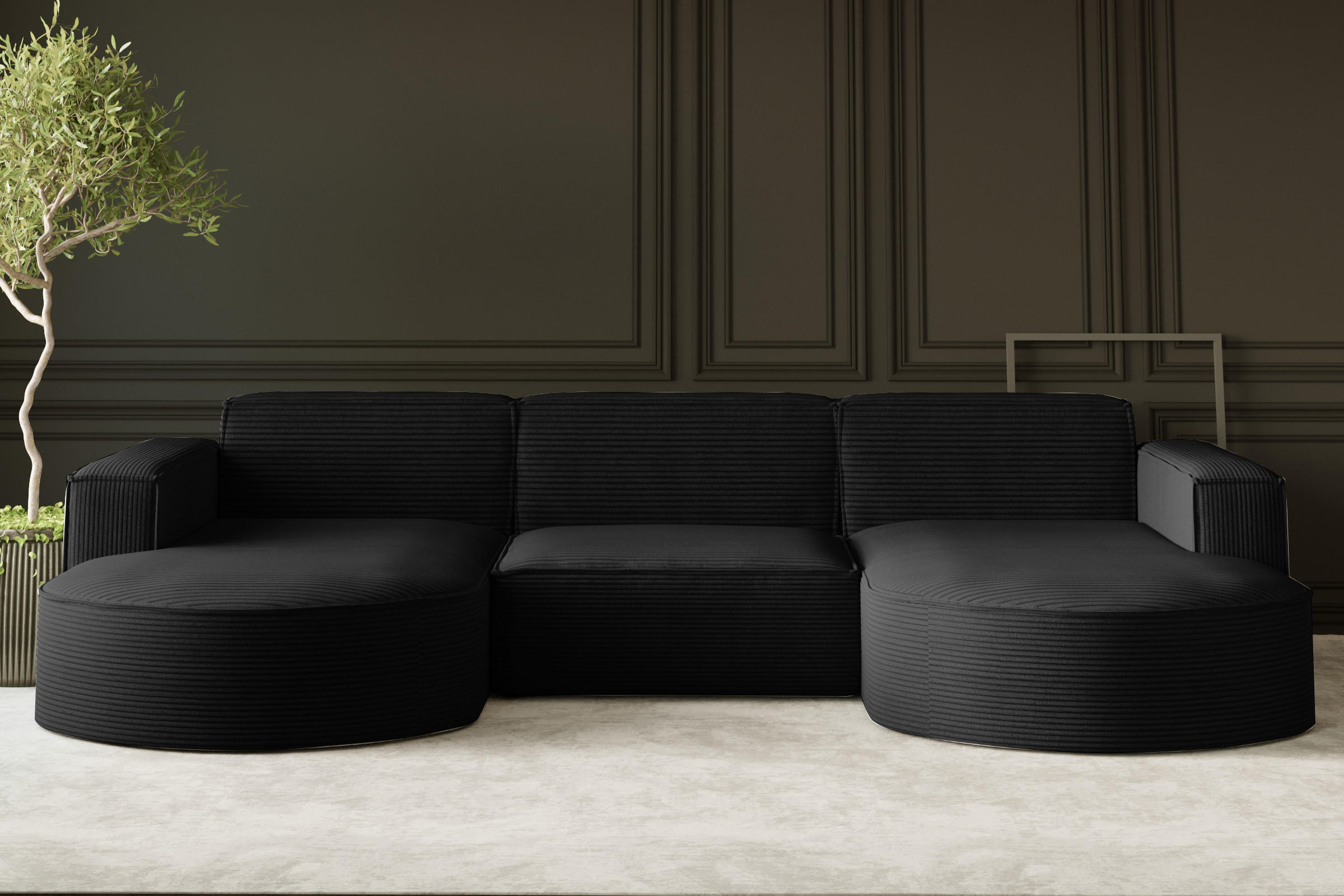 ECKSOFA Designer MODENA U STUDIO Stoff Dicker Cord Schwarz - Schwarz, Holz (165/299cm) - Kaiser Möbel