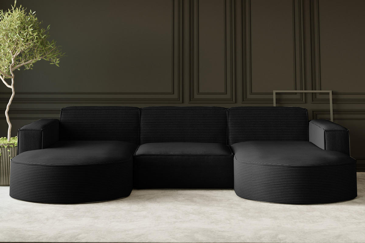 ECKSOFA Designer MODENA U STUDIO Stoff Dicker Cord Schwarz - Schwarz, Holz (165/299cm) - Kaiser Möbel