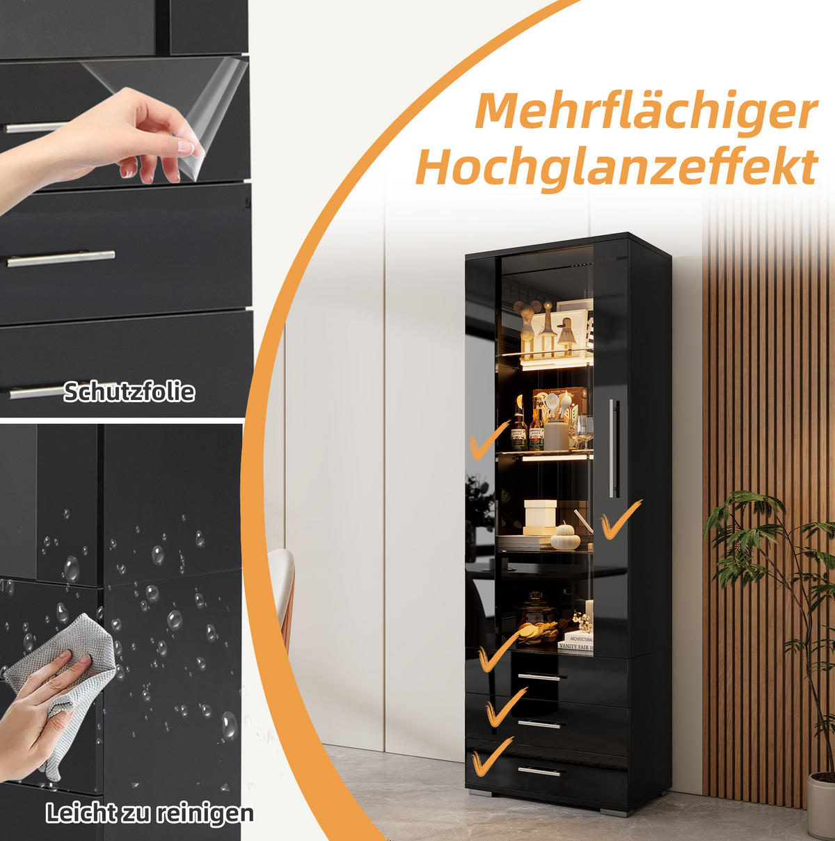 VITRINE 60/35/180 cm Schwarz aus MDF mit LED-Beleuchtung - Schwarz, Holzwerkstoff (35/180/60cm) - OKMYHOME