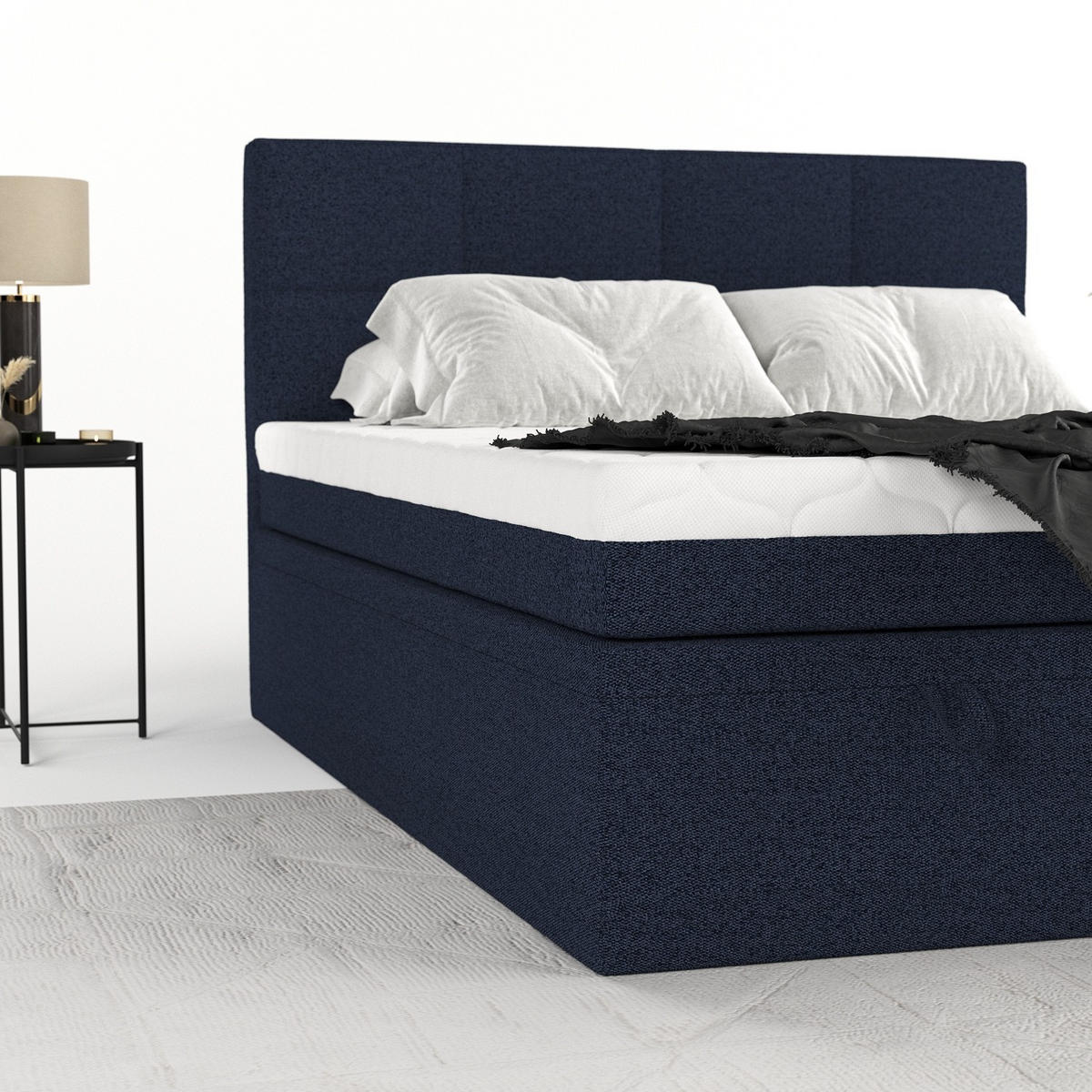 BOXBETT Tessa 140/200 cm Marineblau im Riva Stoff - Schwarz/Dunkelblau, Holz/Holzwerkstoff (140/200cm) - AltaBeds